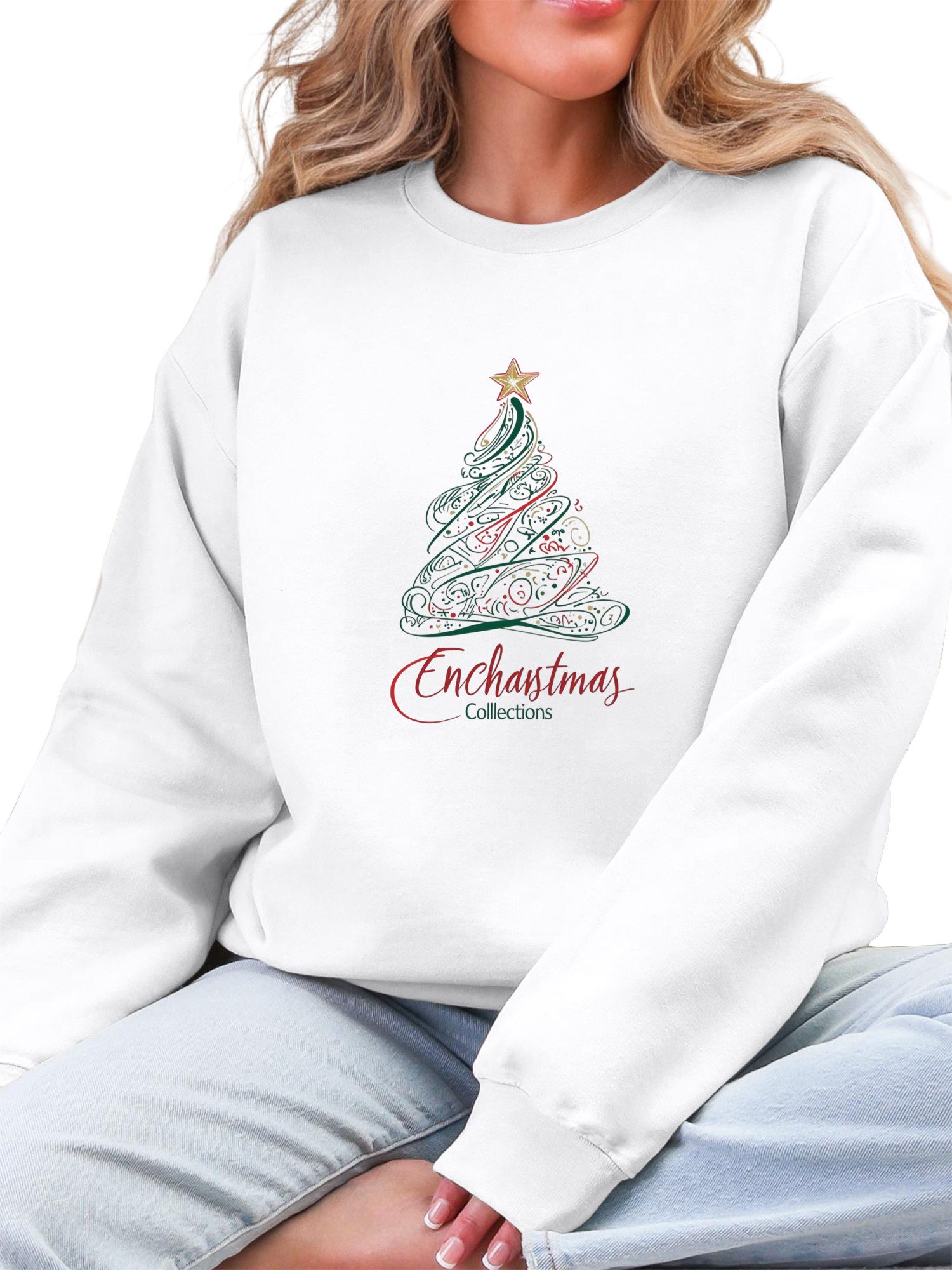 Sweatshirt Damen Rundhalsausschnitt festlich Sweatshirt mit Weihnachtsbaum Print