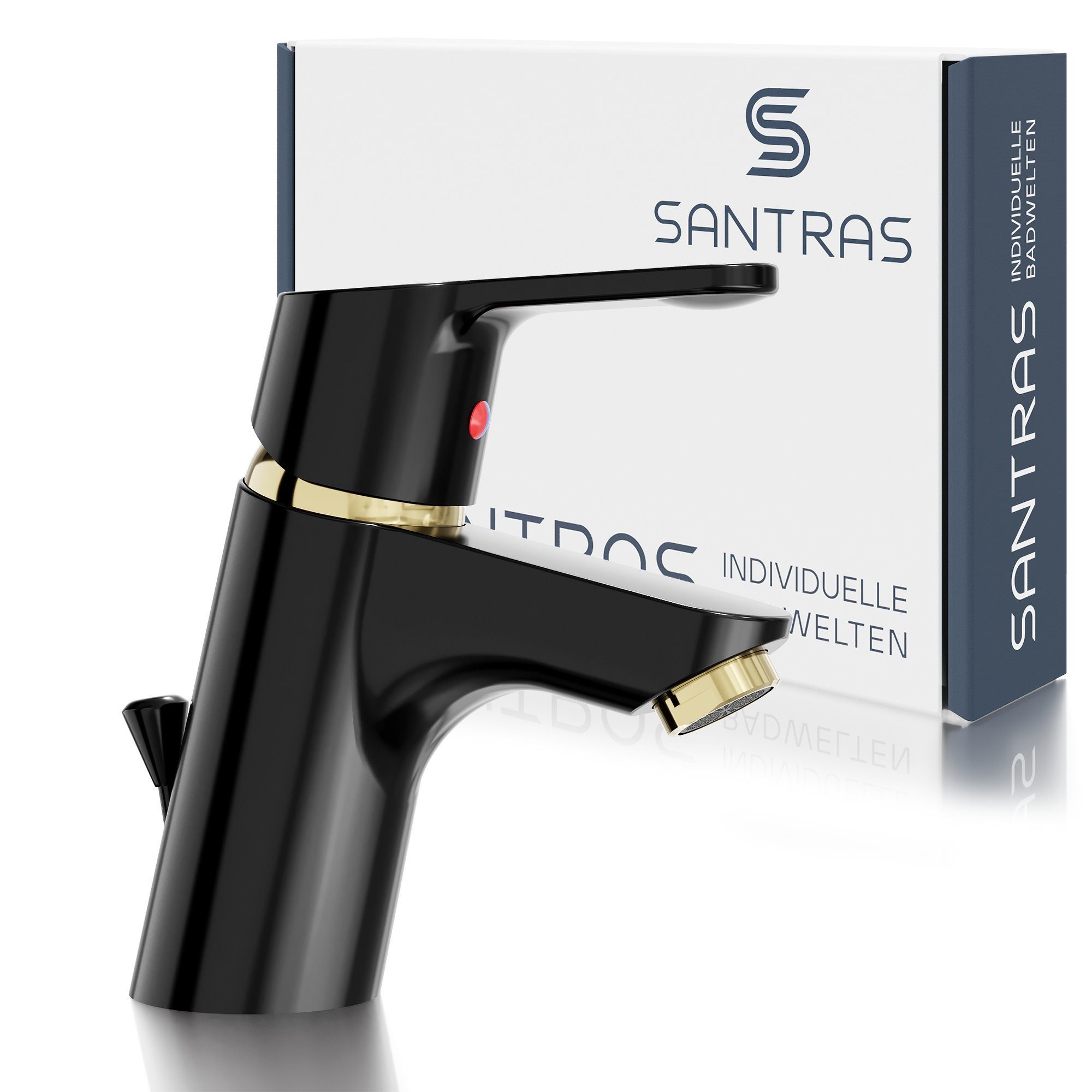 Santras Waschtischarmatur mit Zugstange und Ablaufgarnitur in Schwarz / Gold