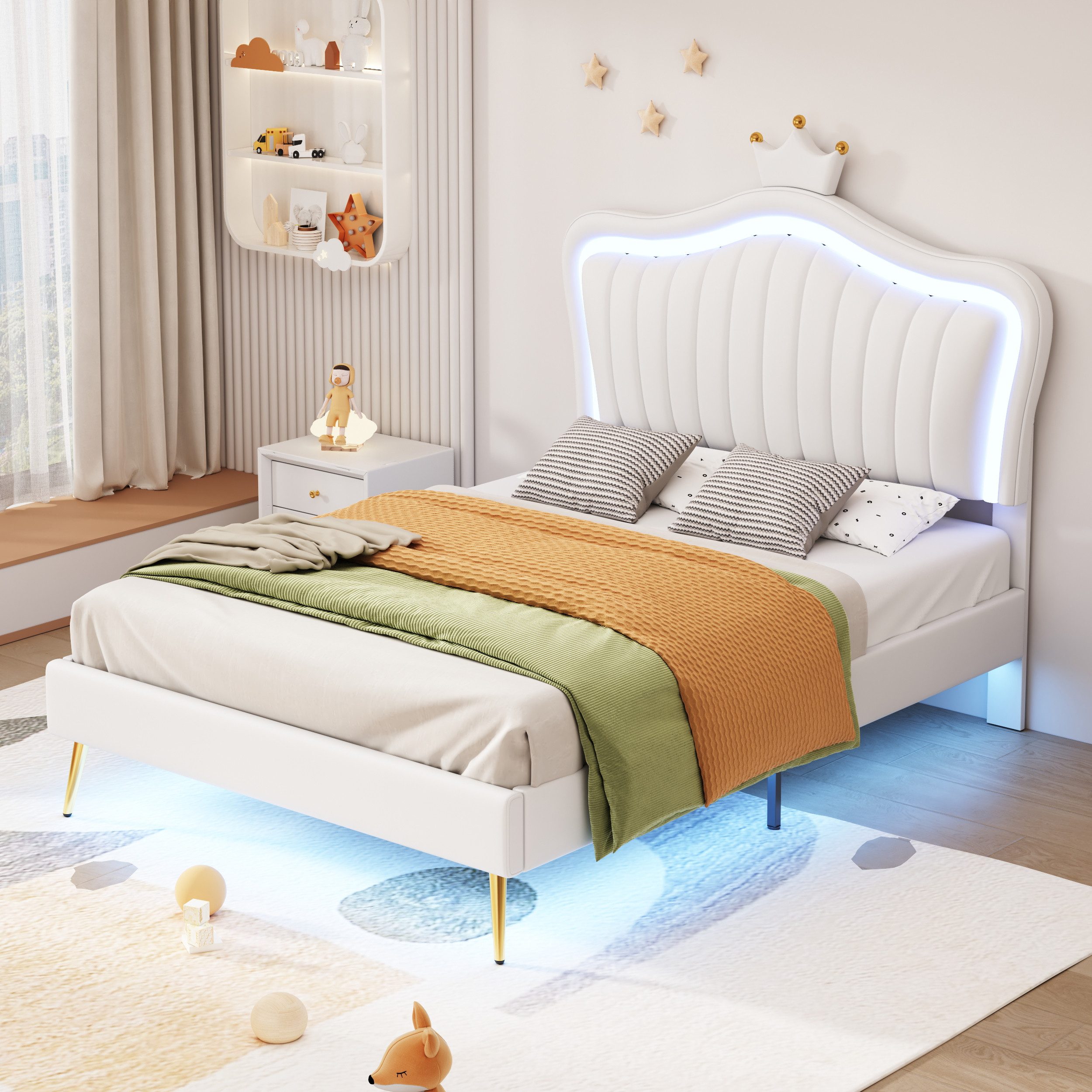 Fanttik Prinzessinbett Kinder-Polsterbett mit LED-Krone & Lattenrost – Premium-Leder