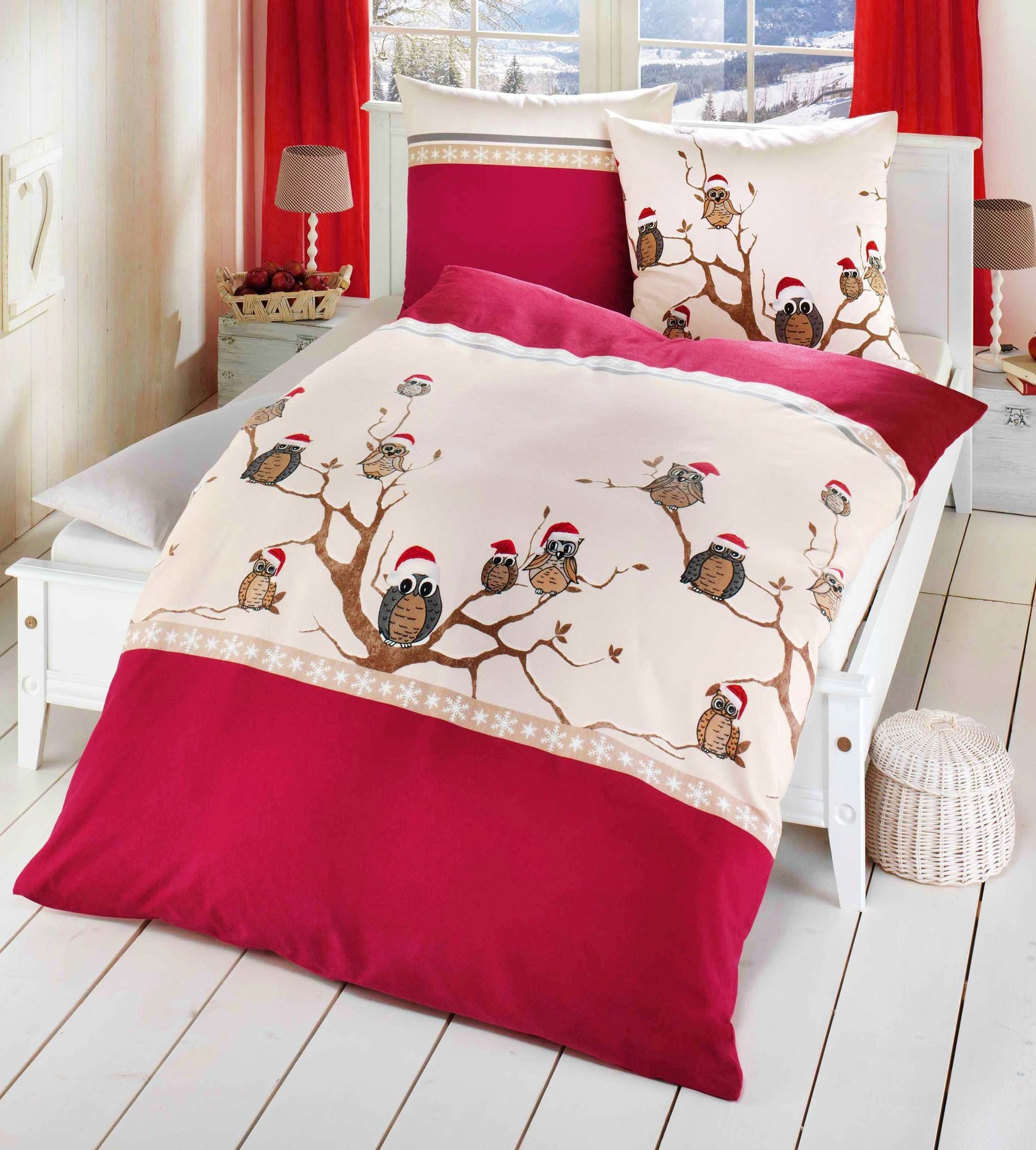 Kaeppel Bettwäsche 135x200cm Wintereule Weihnachten Rot Beige, Biber, 2 tei günstig online kaufen