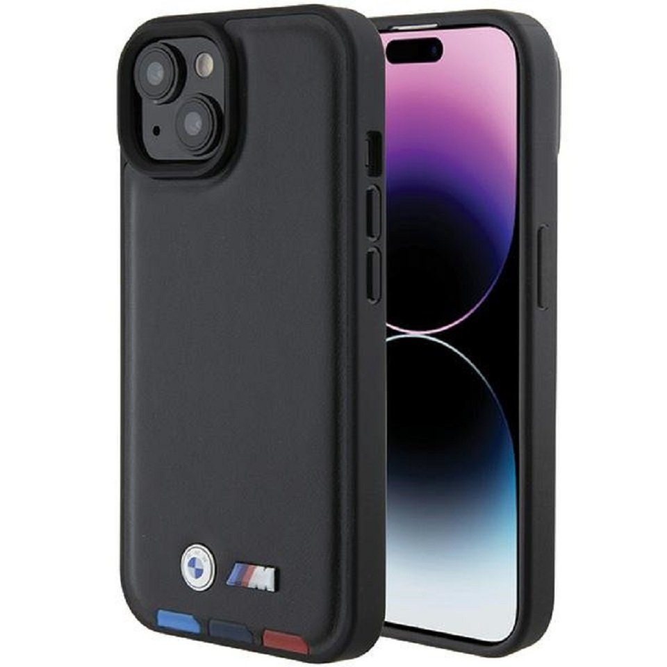 BMW Handyhülle Case iPhone 15 Kunstleder schwarz BMW Metall Logo 6,1 Zoll, Kantenschutz