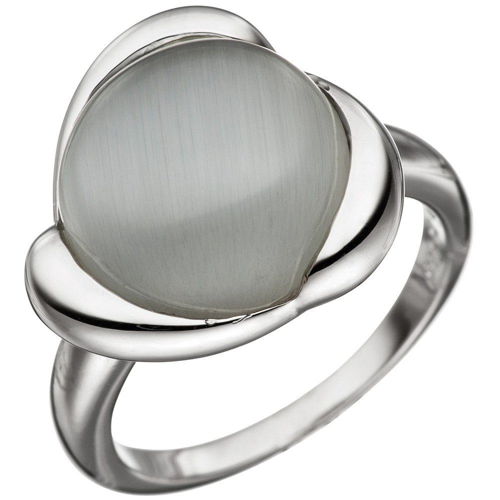 Schmuck Krone Silberring Ring Damenring mit Katzenauge grau rund 925 Silber  rhodiniert schlicht, Silber 925