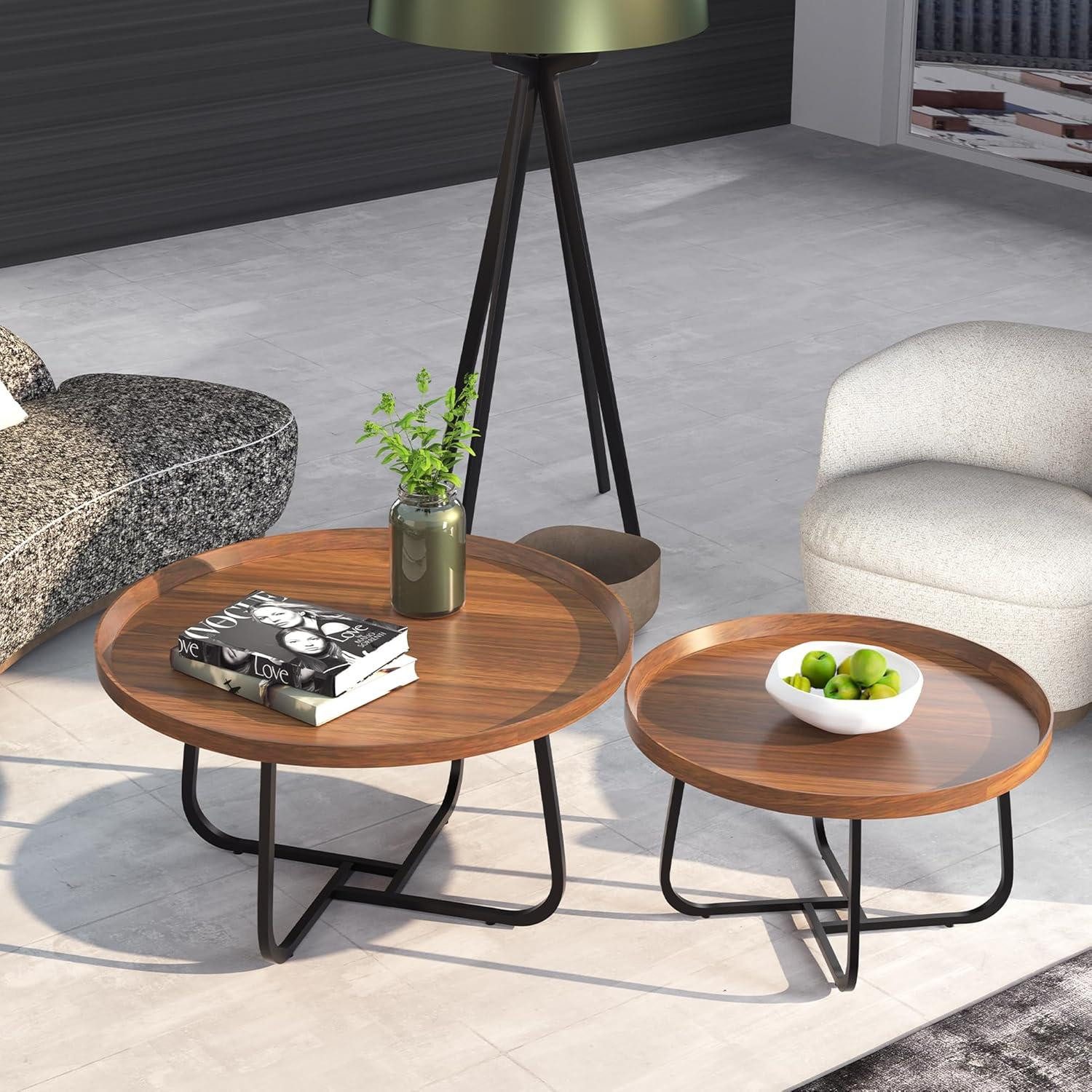 Satztisch Couchtisch Rund 2er Set Holz Metall stapelbar ø70CM+ø50CM