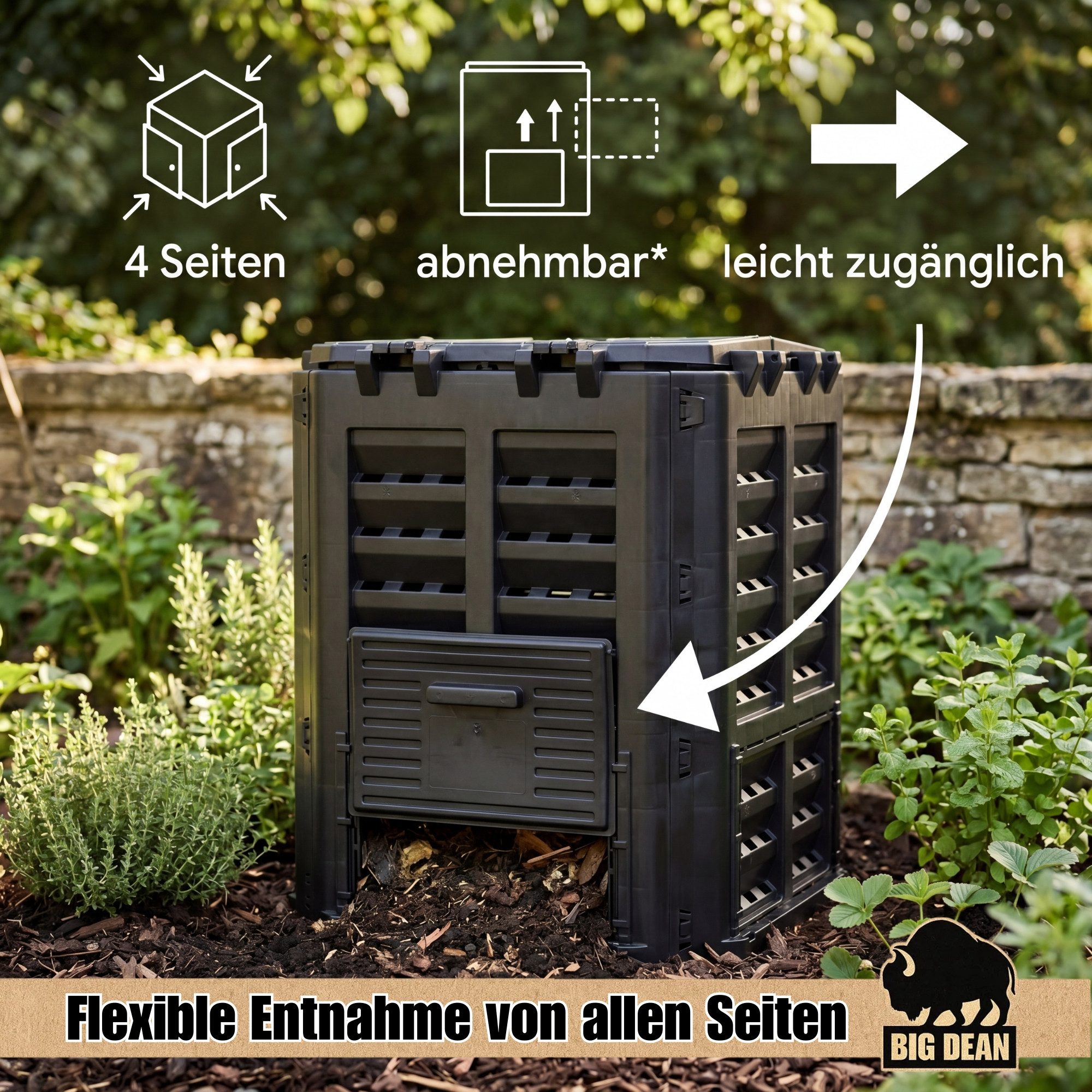 BigDean Schnellkomposter 360L Garten UV-beständig Wetterfest Frostsicher Schwarz, BxTxH: 69x69x84 cm, 360 l, (7 St), Intelligentes Belüftungssystem, Praktische  – Bild 5 von 5
