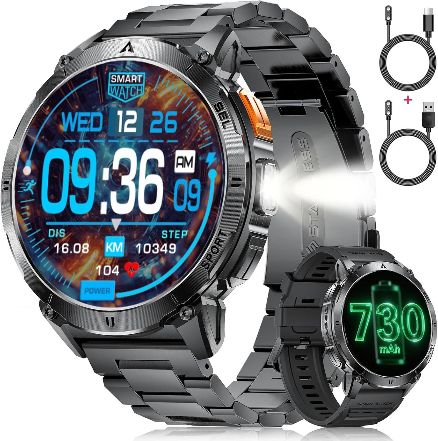Lige LED-Licht Telefonfunktion Fitness Tracker; Herren's Robust premium Smartwatch (4,1 cm/1,62 Zoll, Android iOS), mit 110+ Sportmodi,Herz-/Schlaftracking IP68 wasserdicht sportuhr