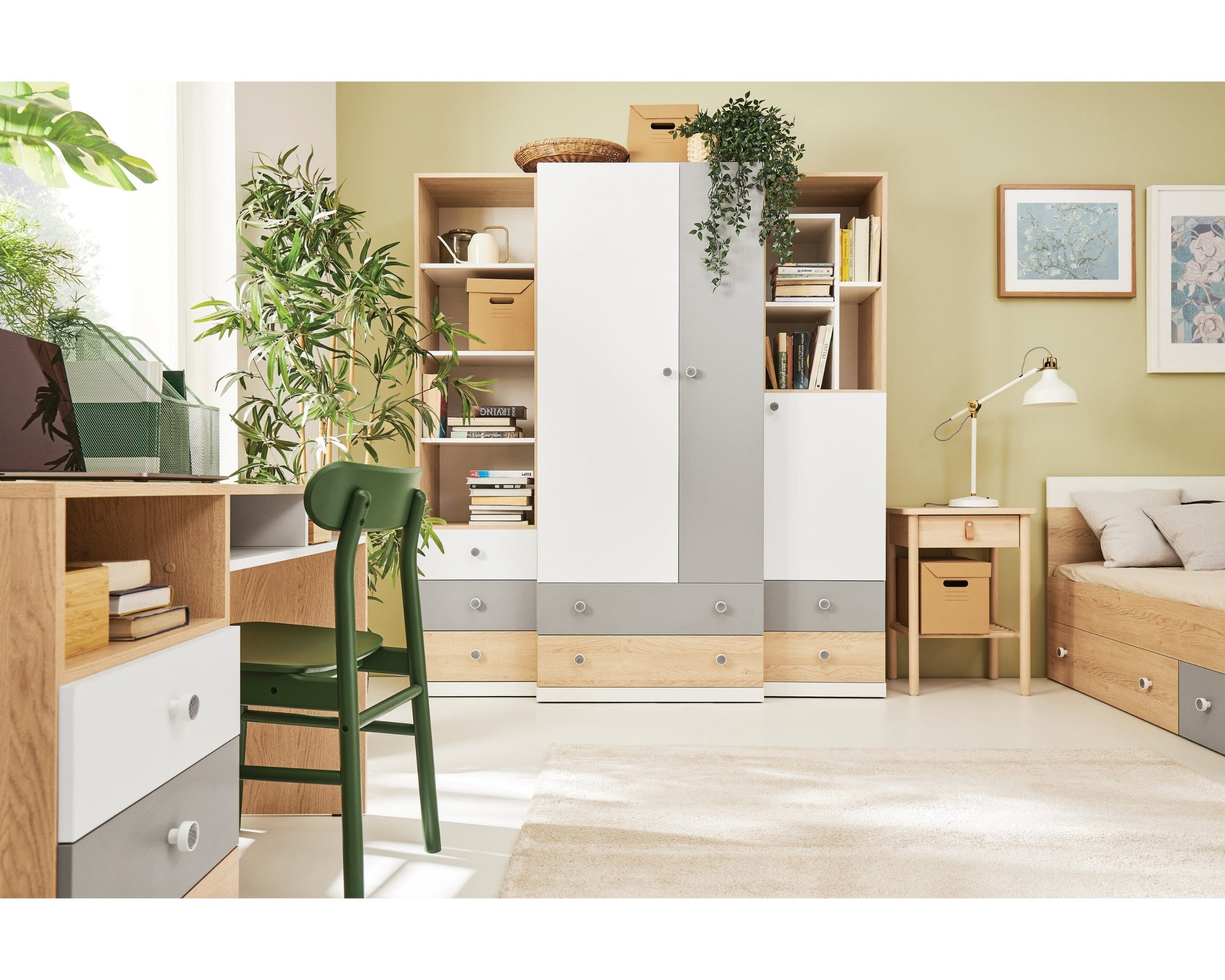 Deine Möbel 24 Kinderkleiderschrank POKO 03 80 / 190 / 50 cm [B/H/T] in Biskuiteiche / Weiß Lux / Grau