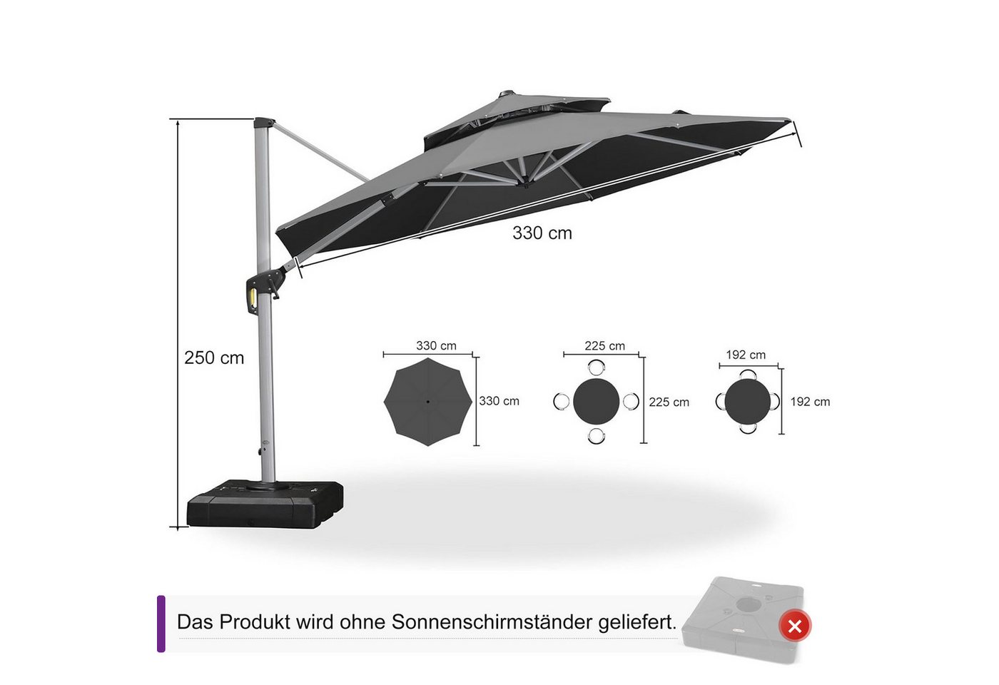 Thumbnail - PURPLE LEAF Ampelschirm Rundes luxuriöses Außenbereich Doppeldach Sonnenschirm, Gartenschirm, LxB: 330,00x330,00 cm, für...