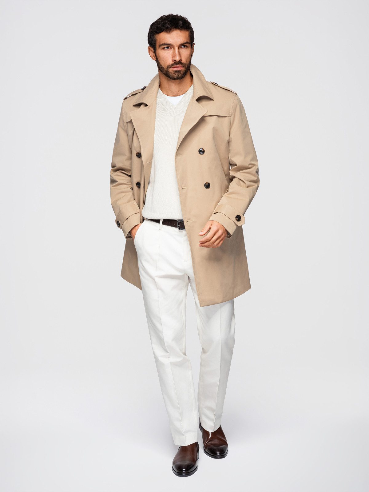 OMBRE Trenchcoat Herren Trenchcoat Slim Fit mit Gürtel Elegant Beige S (kein Set, 1-tlg) Regulierbarer Taillengürtel mit Schnalle, Schulterklappen