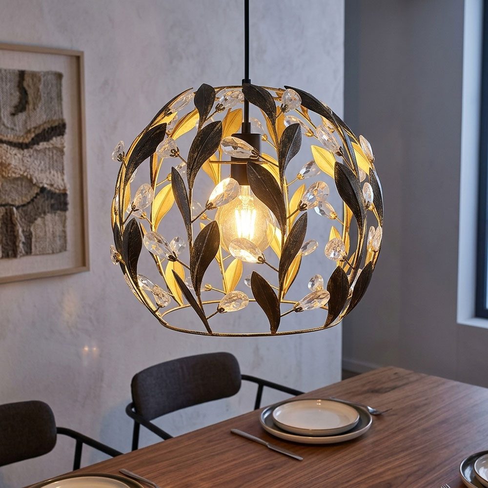 GLOBO LIGHTING LED Pendelleuchte, Leuchtmittel inklusive, Warmweiß, LED Pendelleuchte Kristalle Blätter schwarz gold Hängelampe Kugel