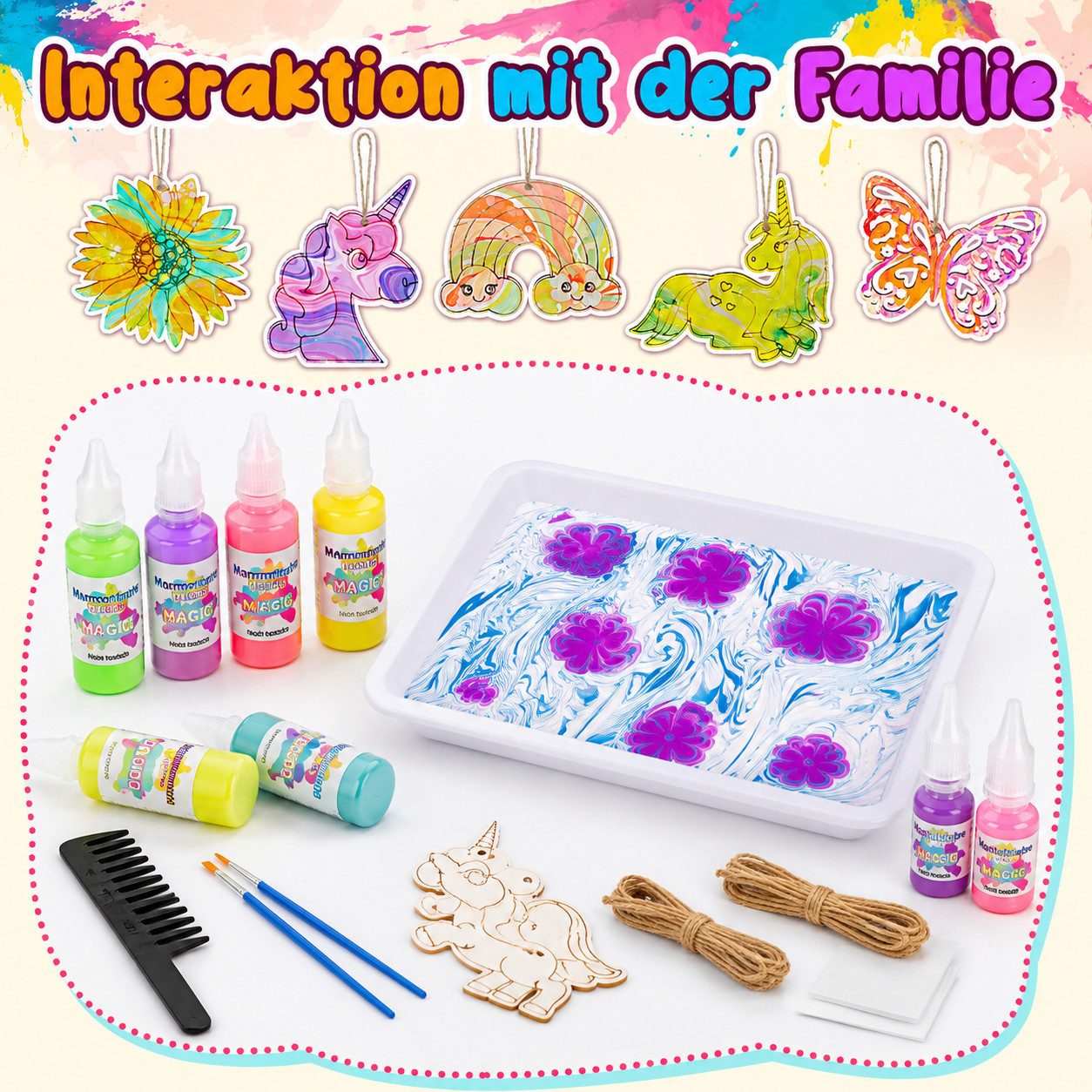 Wootoy Kreativset Wasser-Marmorierfarben Set DIY Mal- und Kunstset Kreativ-Bastelset, (mit 8 Farben 20 Blättern 9 Werkzeugen und A5-Tablett, 1-tlg., Fördert Kreativität Konzentration Feinmotorik durch Experimentieren), Geschenkset für Kinder die Kunst Farben und DIY-Projekte lieben