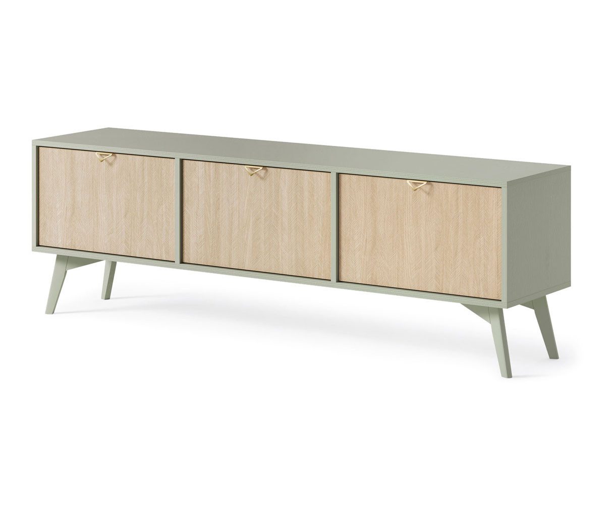 Feldmann-Wohnen Lowboard Forest (3 Klapptüren, 1 St., skandinavisches Design, dreieckige Griffe in Gold), 158x38x52cm eukalyptusgrün Herringbone Skandi