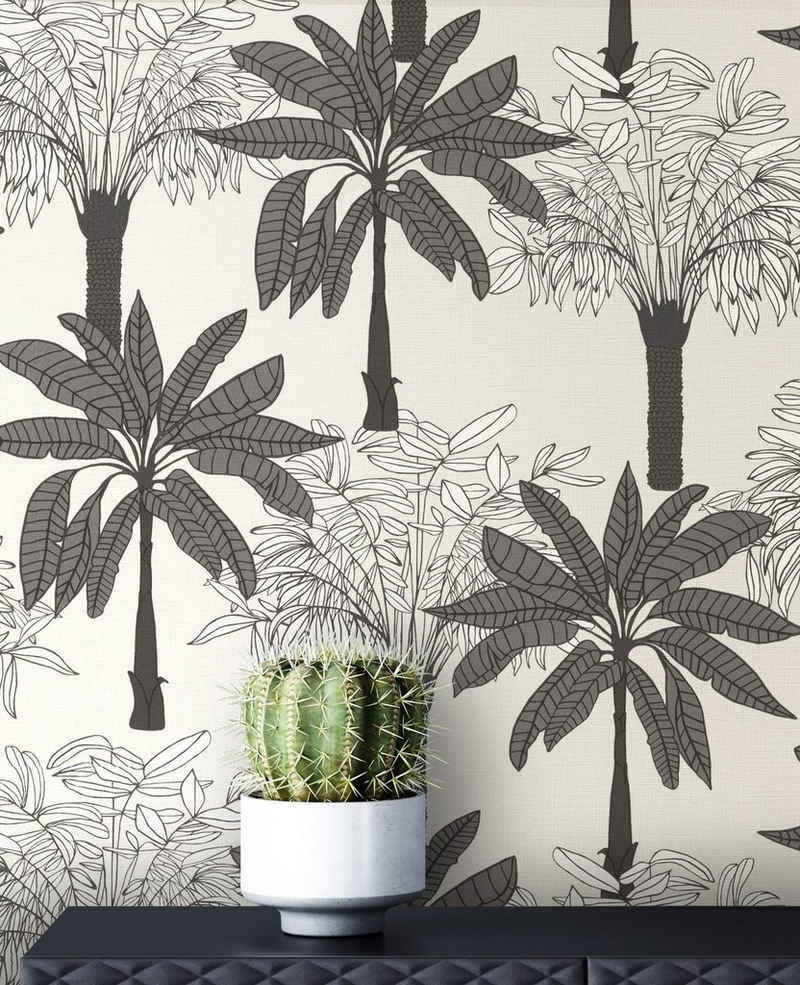 Newroom Vliestapete, Grau Tapete Modern Dschungel - Mustertapete Dschungeltapete Schwarz Weiß Floral Tropisch Palmen Bananenblatt für Wohnzimmer Schlafzimmer Küche