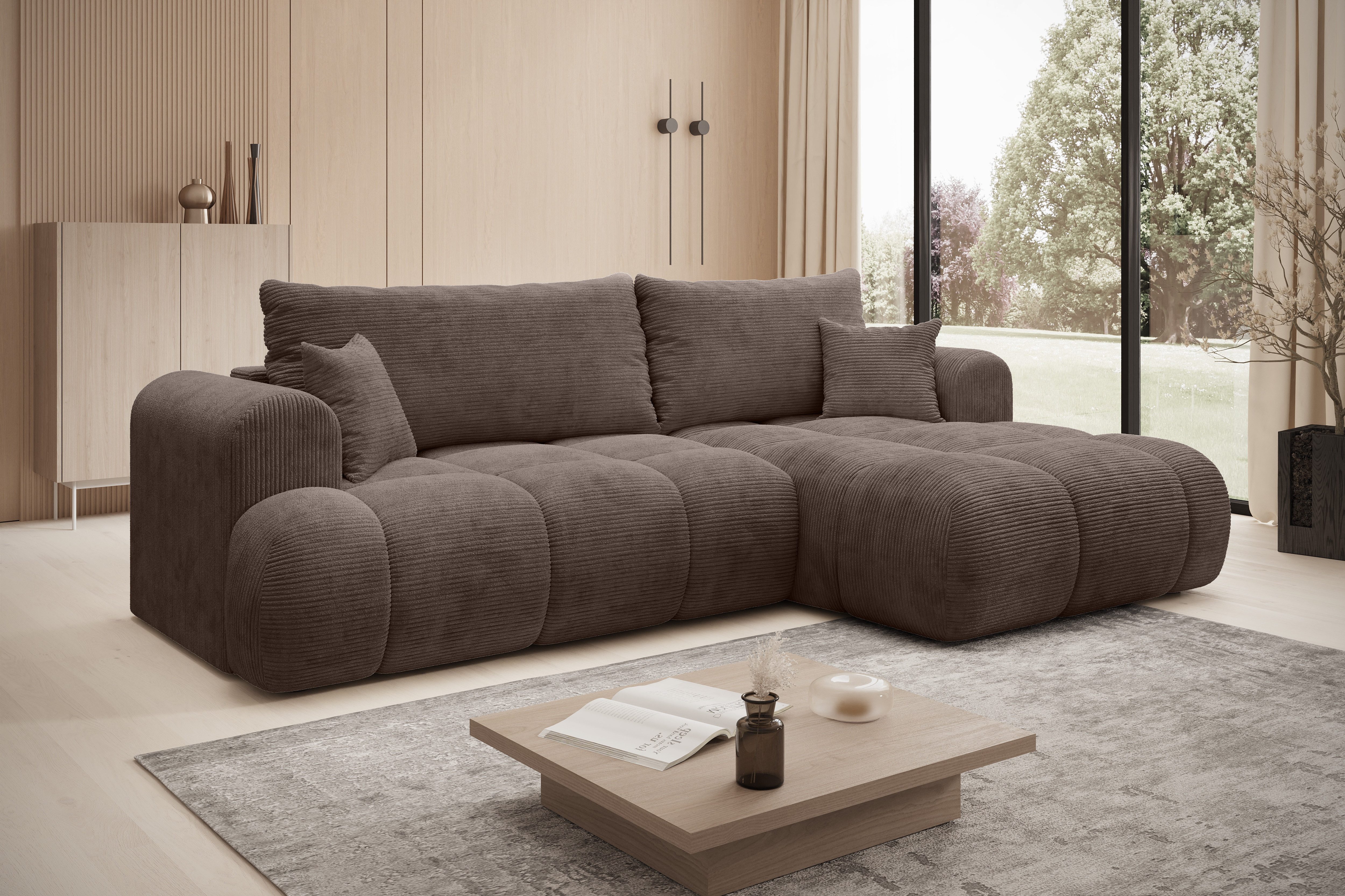 thematys Ecksofa TREVIO mit Schlaffunktion und Bettkasten, L-Form, Cord und Bouclé, 260 x 165cm - Luxus Couch mit Bettfunktion mit Bonnellfedern + 2 Kissen – Bild 2 von 5