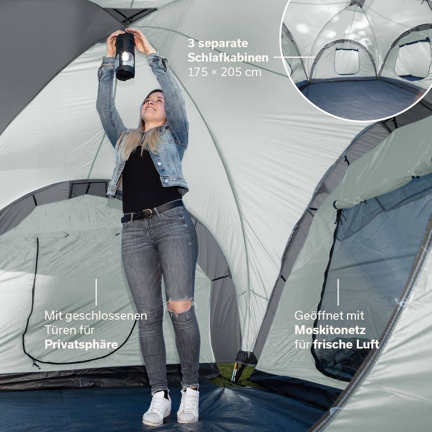 Skandika Kuppelzelt Daytona 6 XL Familienzelt mit 3 großen Schlafkabinen, Personen: 6 (Sonnensegel, Zeltboden für den Innenbereich, Haken für Zeltlampe), 3000 mm Wassersäule, 195 cm Stehhöhe, Moskitonetze, Campingzelt