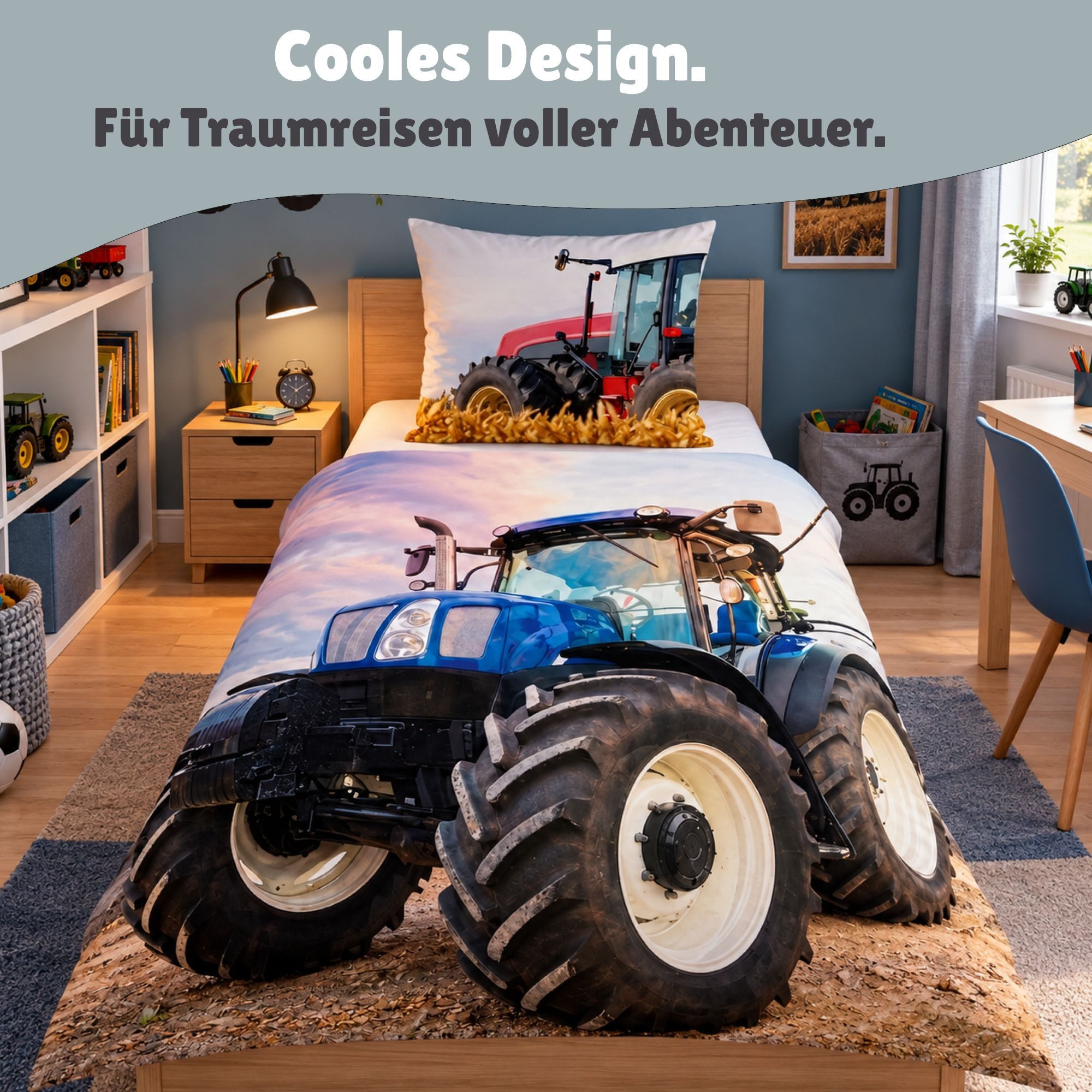 Familando Kinderbettwäsche Traktor Trekker, Set 135x200 80x80 cm, 100% Baumwolle, Reißverschluss, Renforcé, 2 teilig, mit rotem und grünem Traktor (Wendemotiv) – Bild 3 von 5
