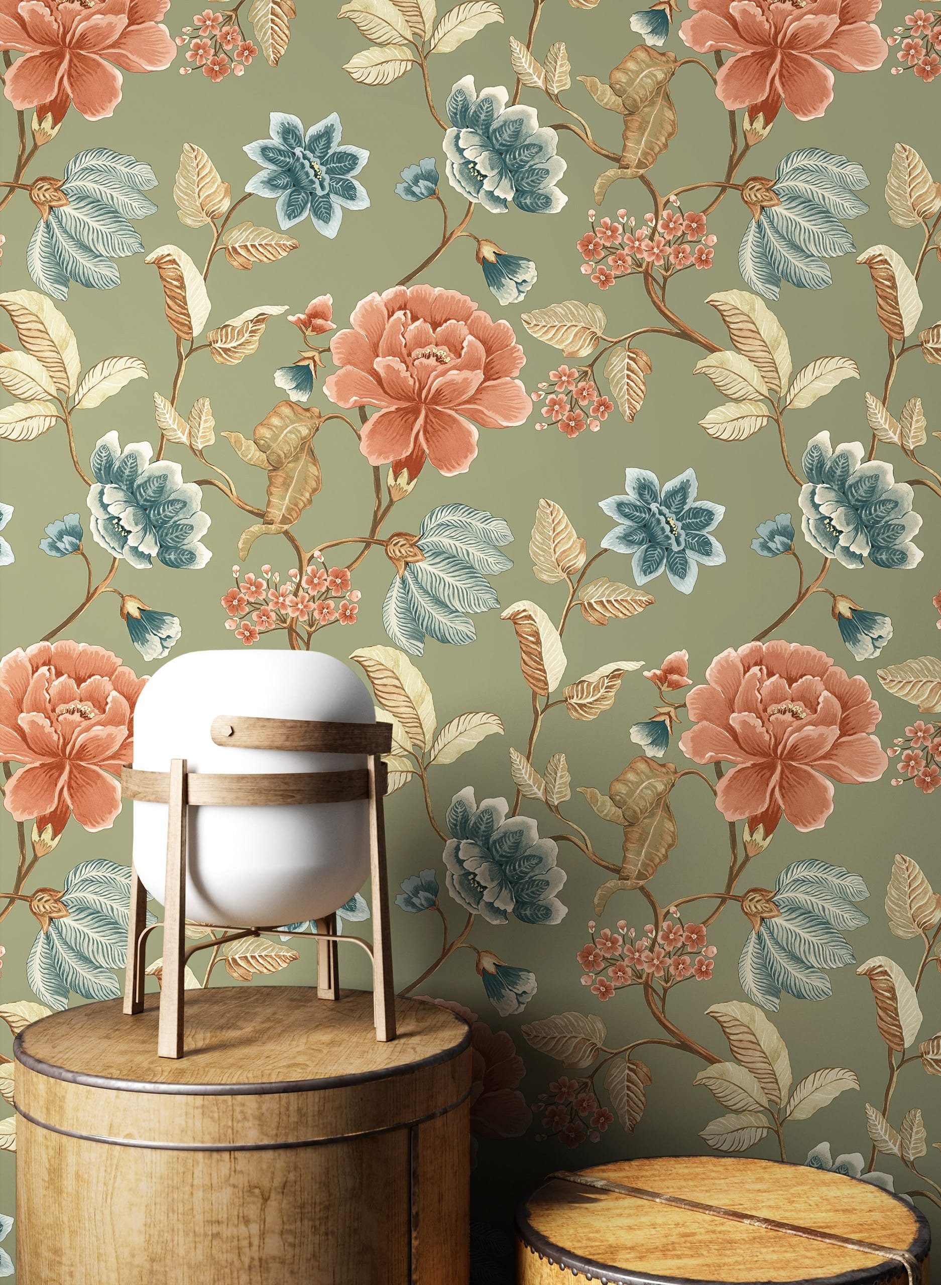 Newroom Vliestapete Viane Green Tapete Blumentapete Blumen,Rosen,Blätter, Grün Tapete Floral Blumen - Blumentapete Floral Blau Rosa Romantisch 3D Optik Rosen Blätter für Wohnzimmer Schlafzimmer Küche, Rosentapete