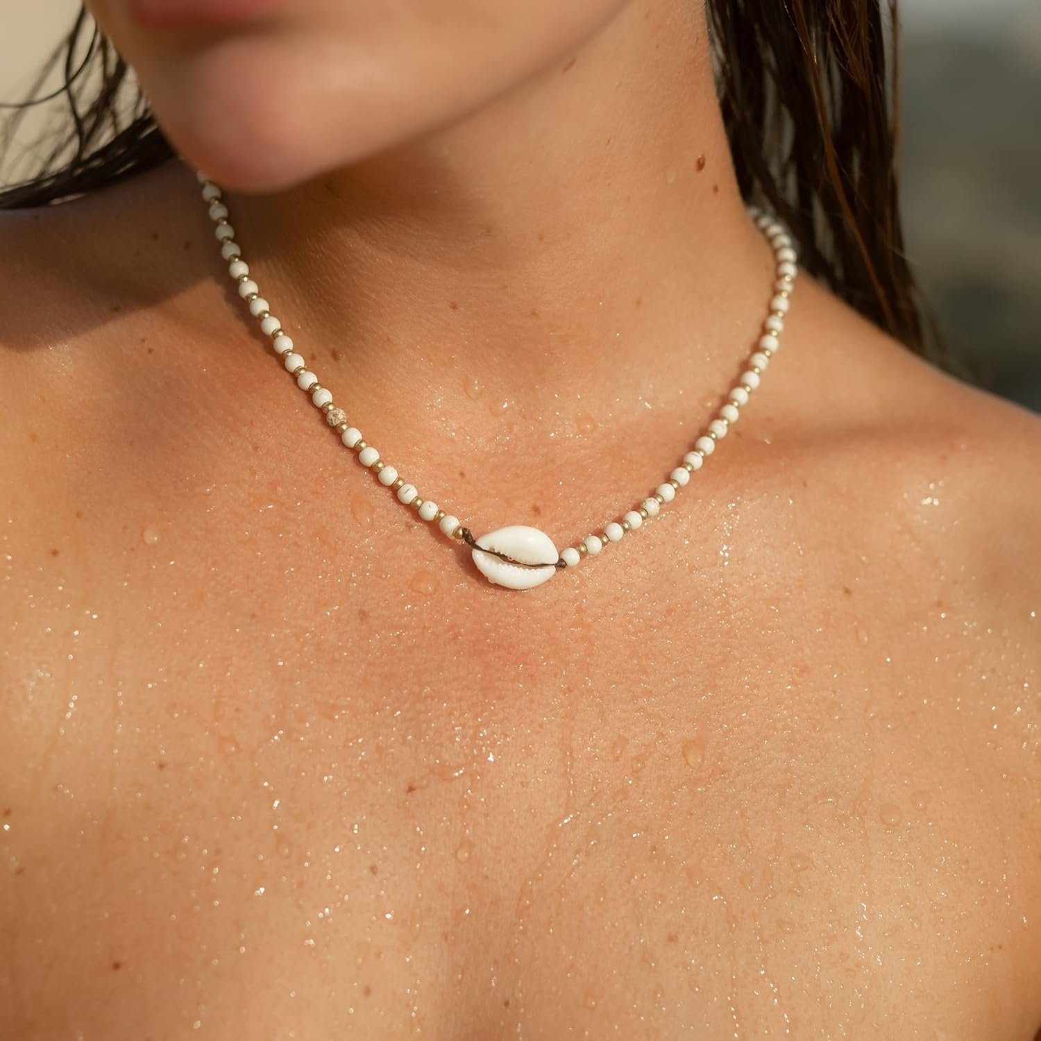 Made by Festival Perlen, Nami Perlenkette Muschel Goa Hippie Accessoires Surfer Strand Halskette Weiße