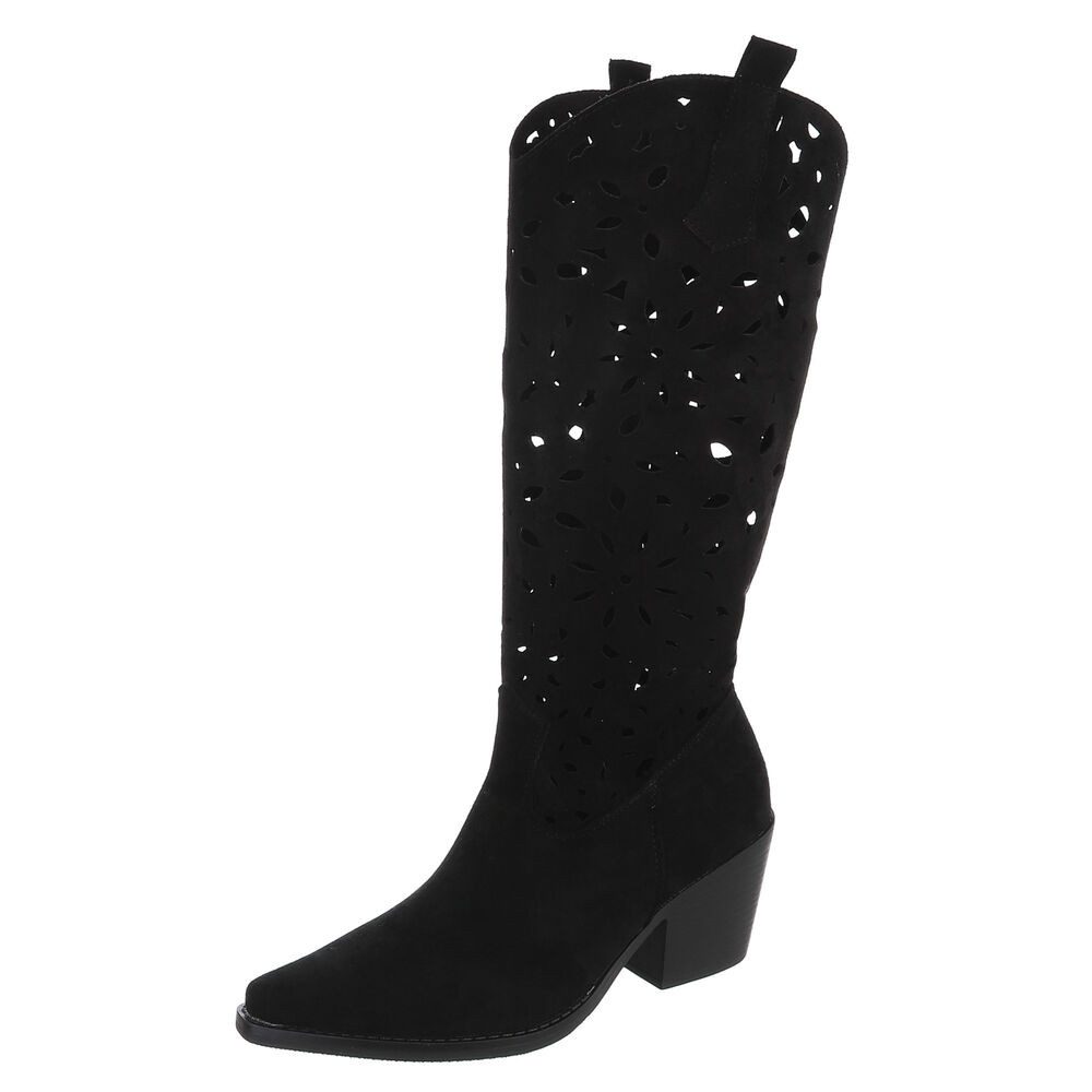 Ital-Design Stilvolle Stiefel mit Aussparungen für Damen, ideal für Frühjahr Sommerboots (91117065) Blockabsatz Stiefel in Schwarz