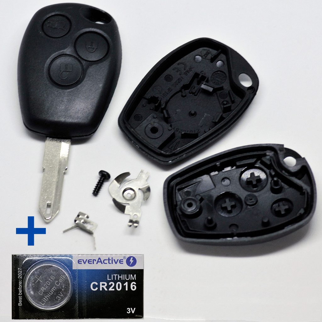 mt-key Auto Schlüssel Gehäuse 3 Tasten + 1x Rohling NE73 + passende CR2016 Knopfzelle, CR2016 (3 V), für Dacia Renault Funk Fernbedienung