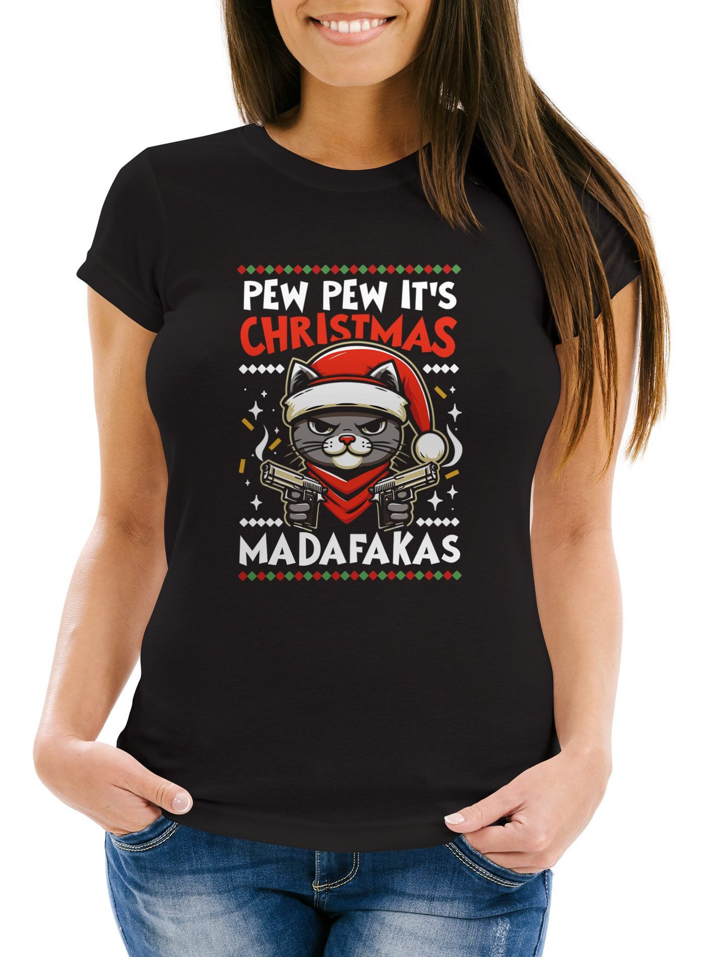 Print-Shirt Weihnachtsshirt Damen Spruch Pew Pew Madafakas T-Shirt Weihnachten