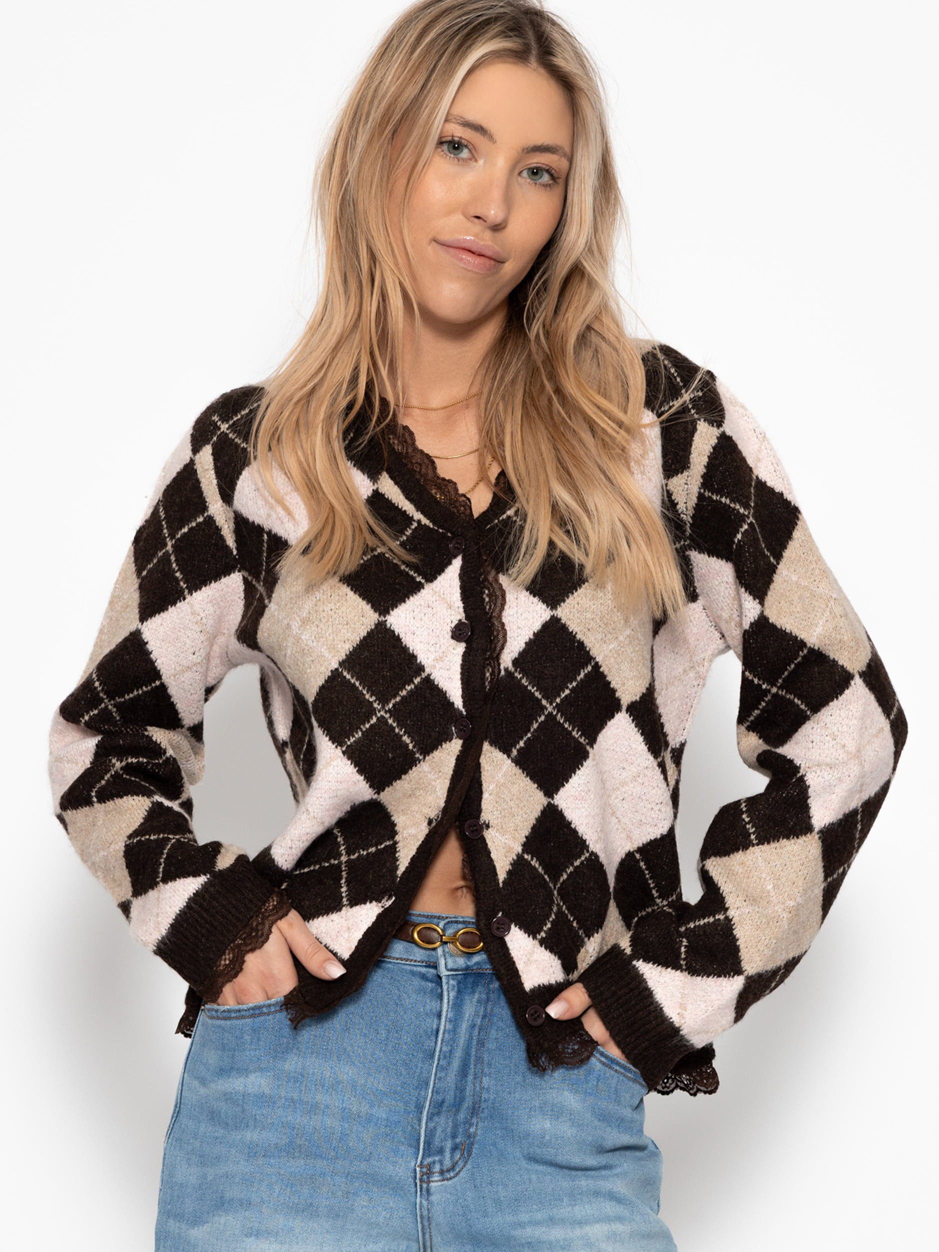 SASSYCLASSY Cardigan Strickjacke mit Rautenmuster für Damen Weicher Cardiga günstig online kaufen