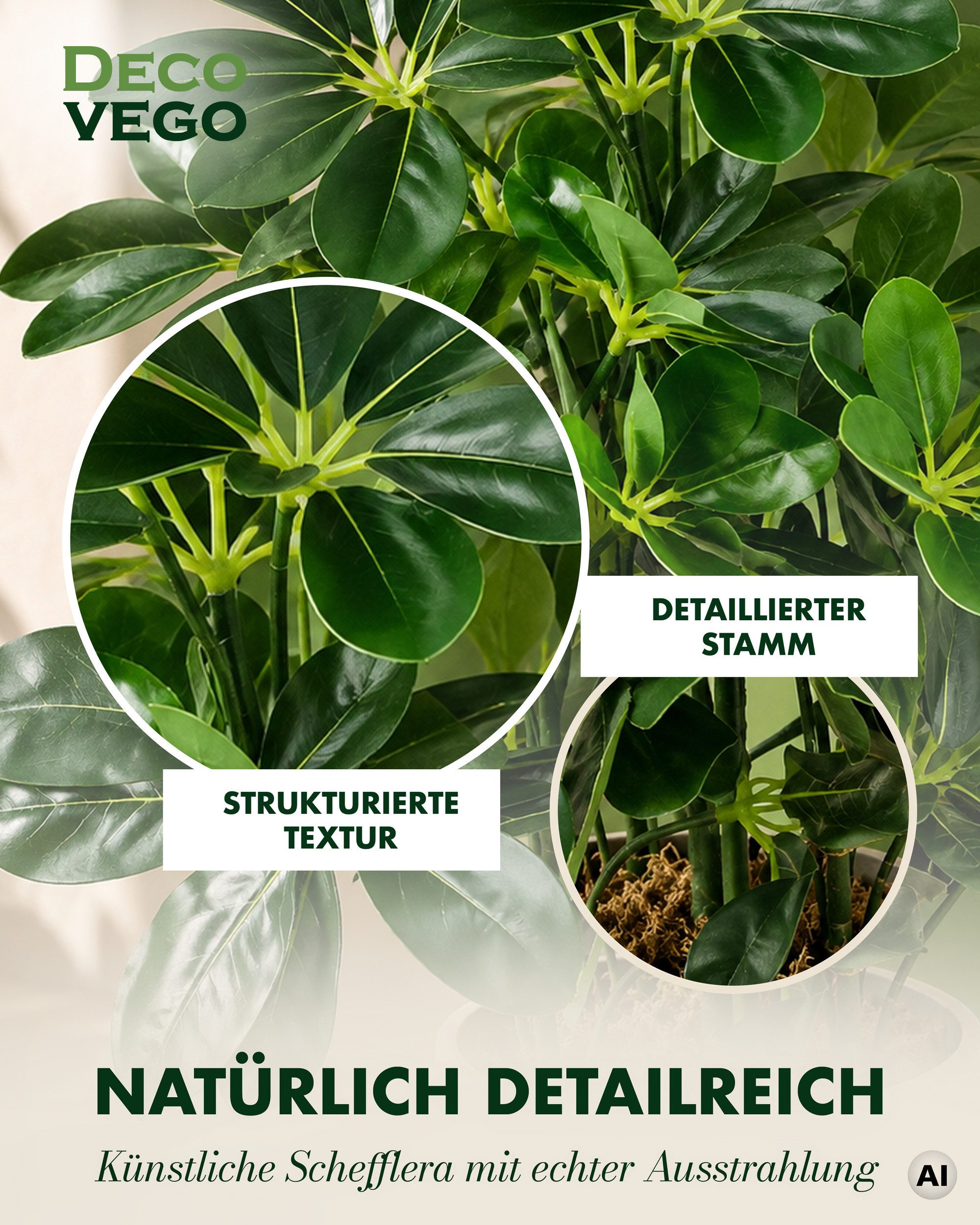 Künstliche Zimmerpflanze Schefflera Aralia Kunstpflanze Künstliche Pflanze Stahlenaralie 60 cm Schefflera, Decovego, Höhe 60 cm – Bild 5 von 5