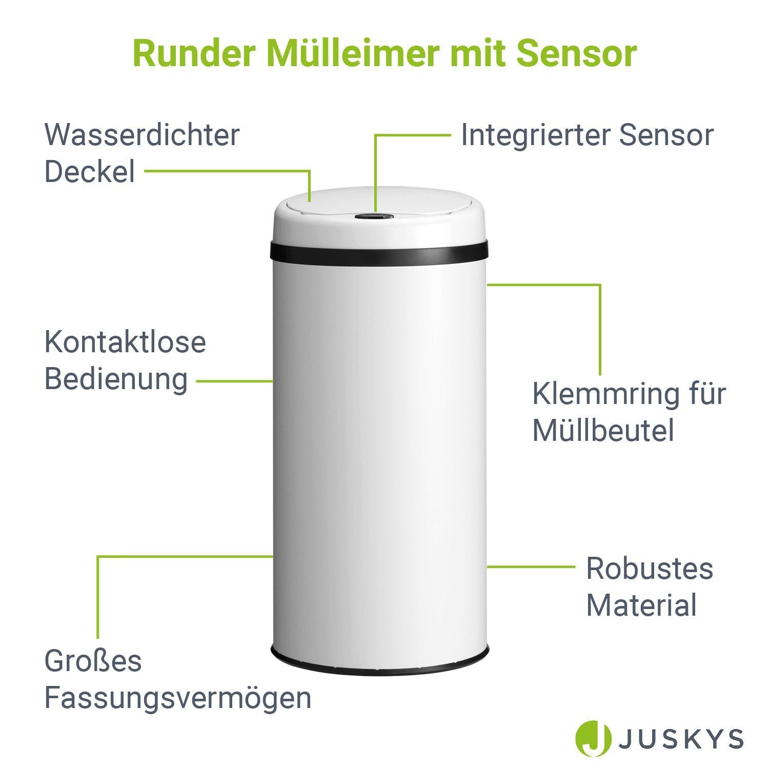 rostfrei L geräuscharmes Mülleimer, Juskys Schließen, Volumen, mit Weiß Sensor, 40 / Öffnen