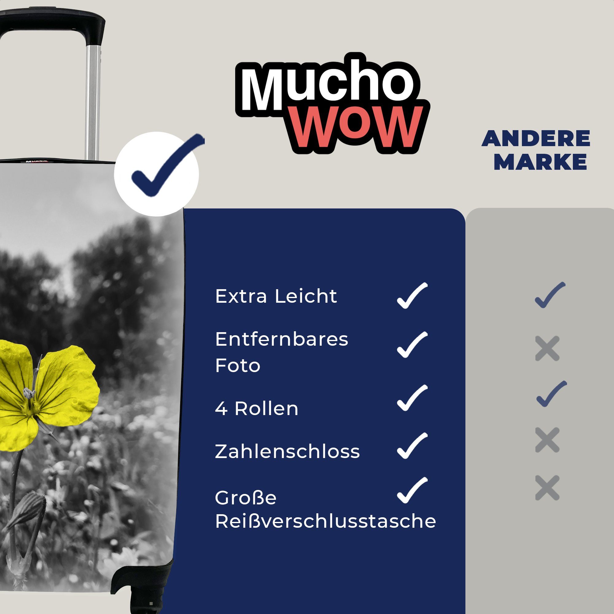 Blumen Handgepäck - - Rollen, Gelb für Reisekoffer Ferien, Schwarz Weiß, Reisetasche 4 - mit rollen, Trolley, MuchoWow Handgepäckkoffer