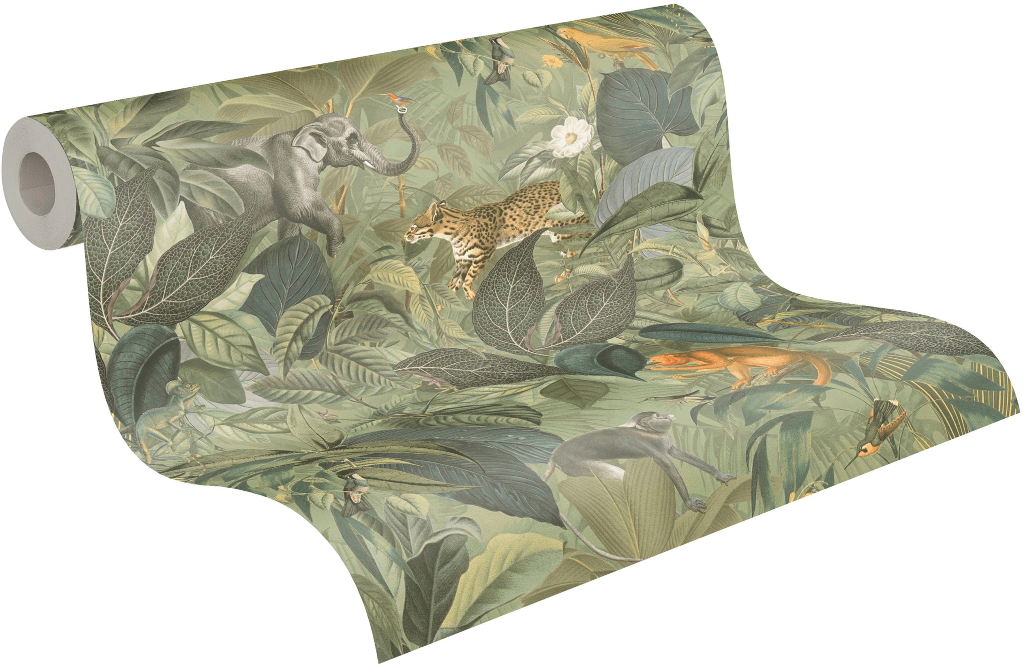 Vliestapete (1 Tieger A.S. PintWalls St), Tieren, mit Blätter Création Affen Dschungel glatt, Elefant matt, hellgrün/braun/grau