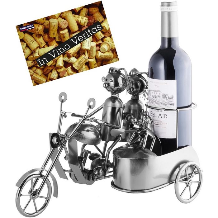 BRUBAKER Weinflaschenhalter Motorrad Paar mit Beiwagen und Hund (inklusive Grußkarte) Metall Skulptur Wein Geschenk