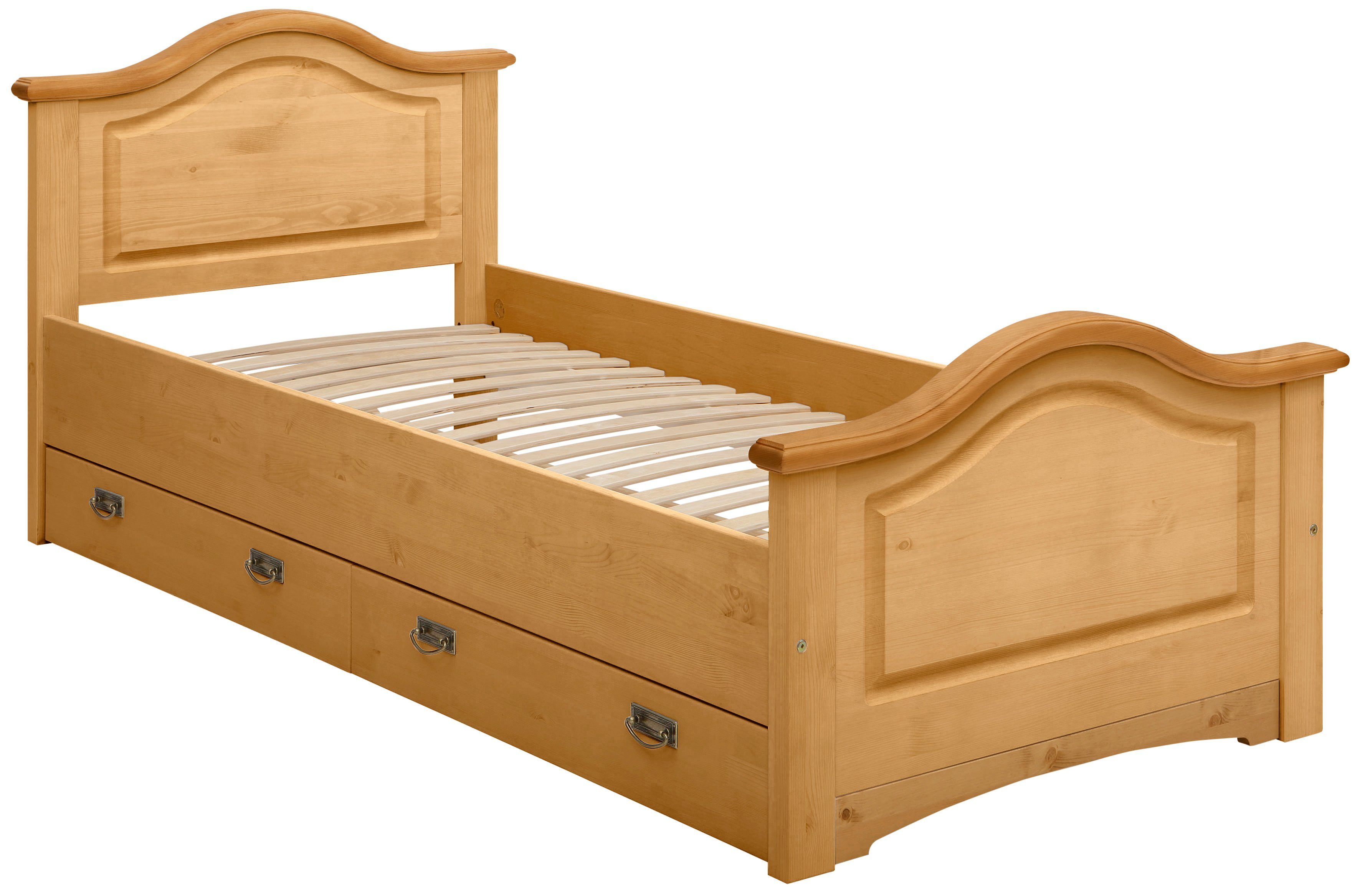 Home affaire Massivholzbett Konrad, Stauraumbett, Messinggriffe, rustikaler Landhausstil, inklusive 2 Выдвижные ящики, zertifiziertes Massivholz, FSC®