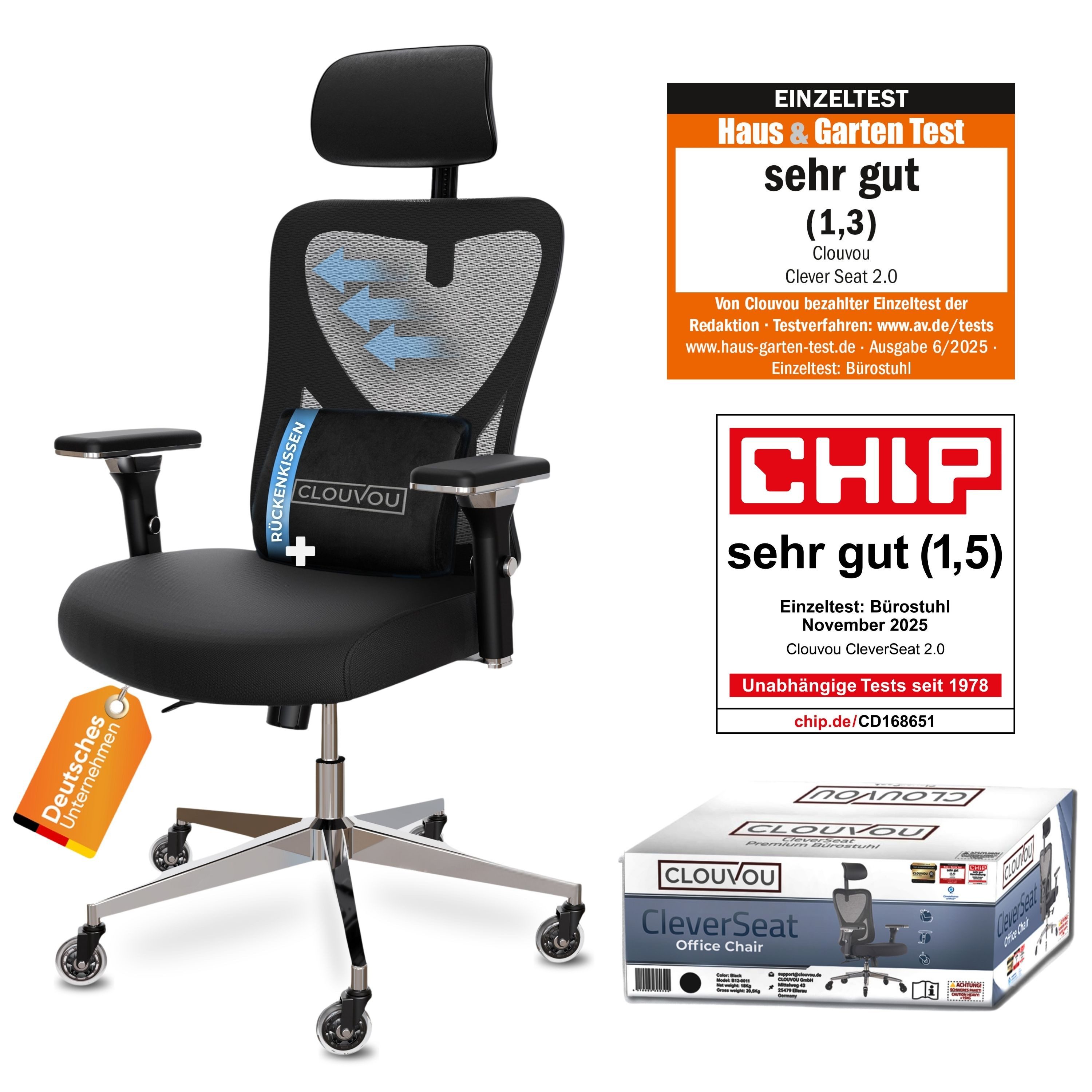 CLOUVOU Bürostuhl Ergonomisch, Schreibtischstuhl bis 150 kg - Testsieger (CleverSeat - Chefsessel für Arbeitszimmer, 4D Chrom-Metallarmlehne), Blade Wheels, Homeoffice, Gaming Stuhl, Drehstuhl