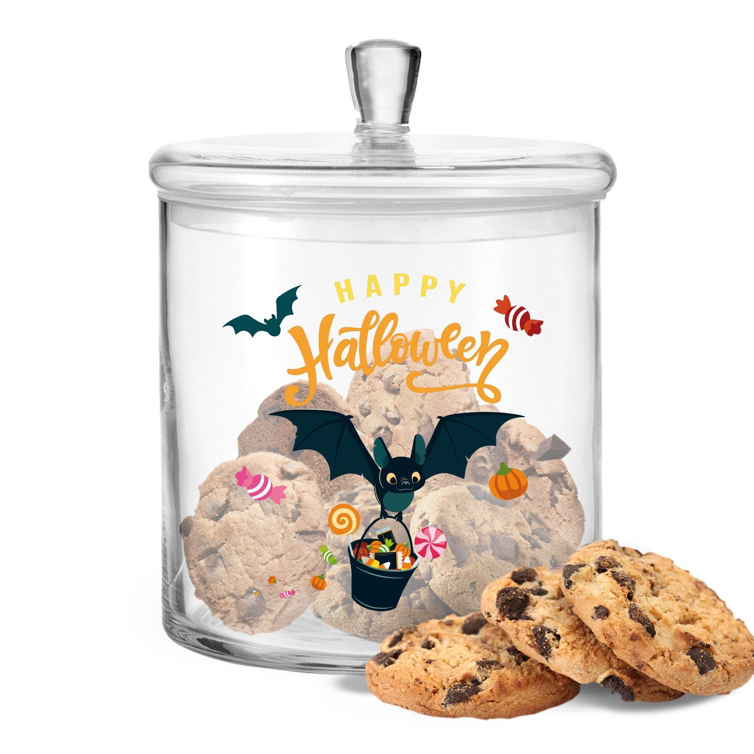 UV-Druck Happy Handgefertigte Glas, - Halloween und mit Glasdose GRAVURZEILE niedlichem mit Motiv Halloween Deckel Fledermaus Keksdose Design,