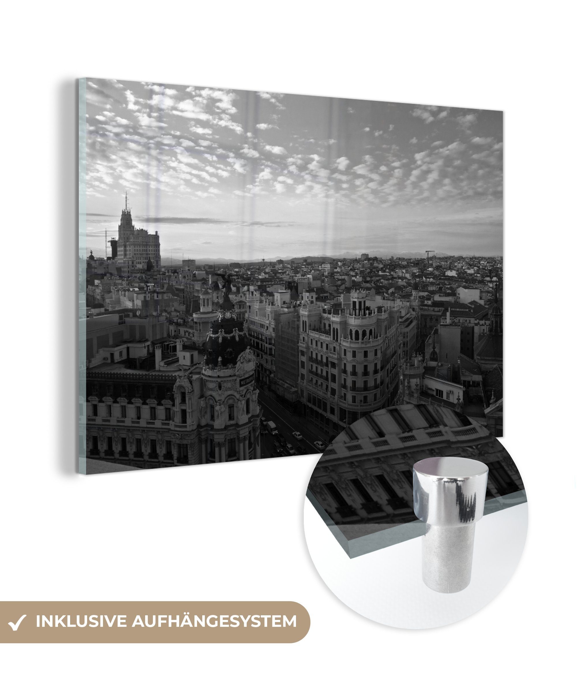 MuchoWow Acrylglasbild Madrid - Skyline - Schwarz - Weiß, (1 St), Acrylglasbilder Wohnzimmer & Schlafzimmer