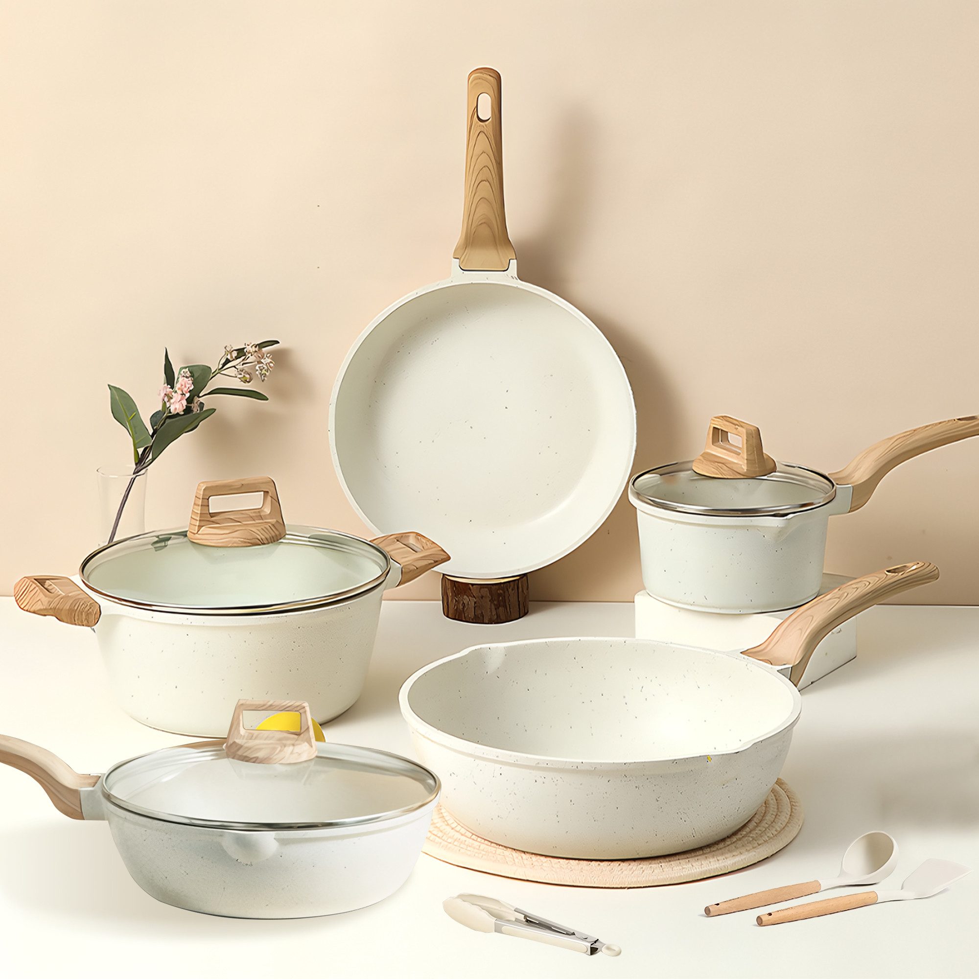 DAKYAM Topf-Set Induktions Кастрюли Set mit deckel, Kratzschutz-Silikon Kochgeschirr, Aluminium + Antihaftbeschichtung (11-tlg., Set)
