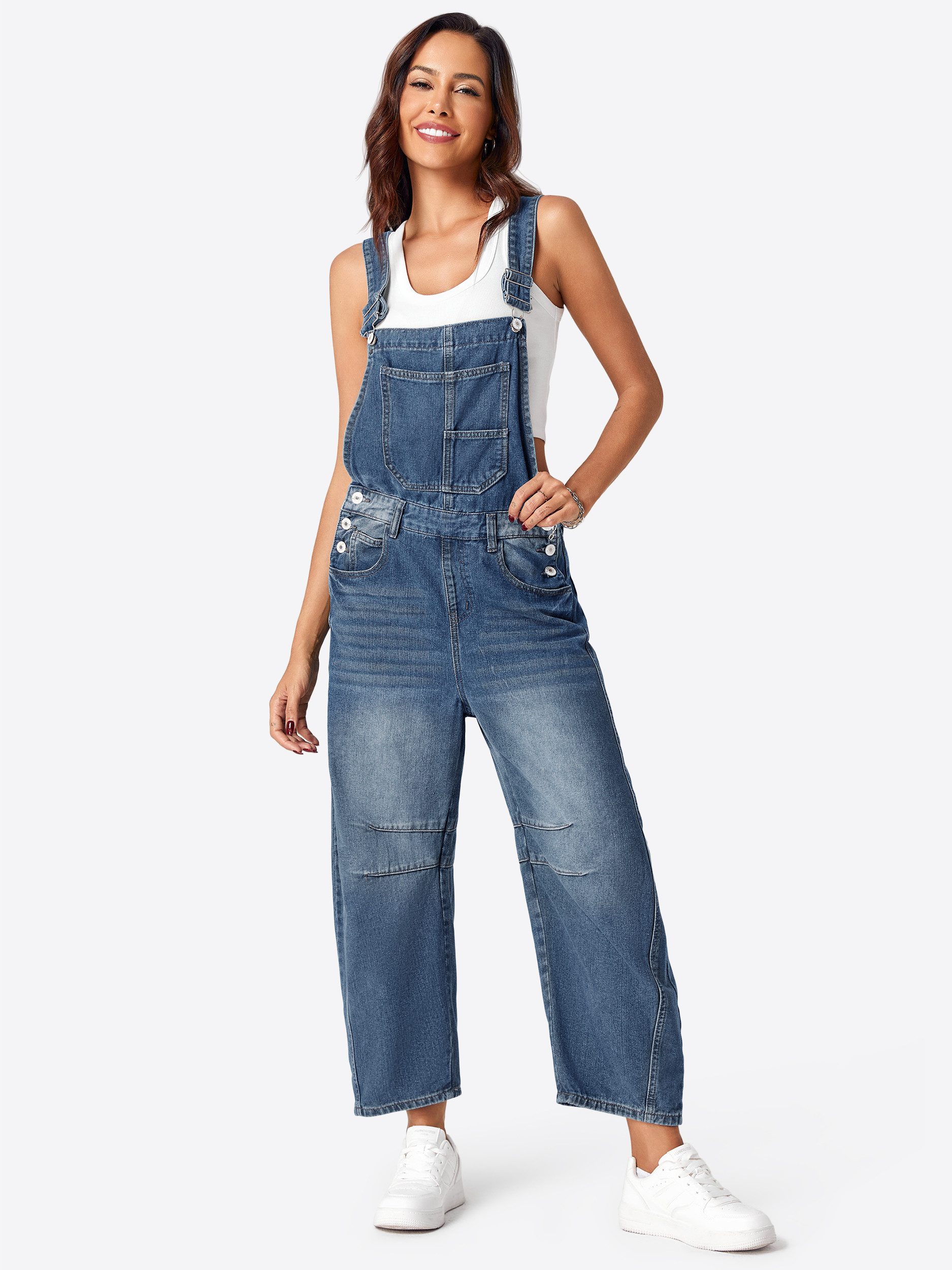 Imily Bela Overall Damen Lockerer Latzjeans mit Hosenträger (Packung, 1-tlg., 1per-Pack) mit Kängurutasche