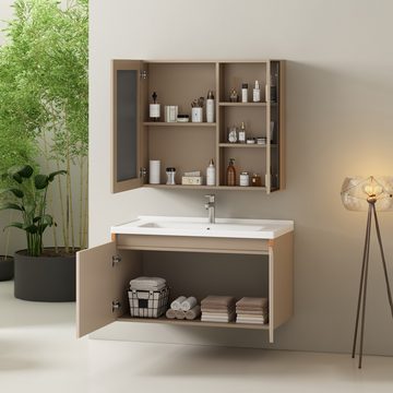 HAUSS SPLOE Badezimmer-Set hängend 90cm breit mit Keramikwaschbecken,Spiegelschrank, hellbraun