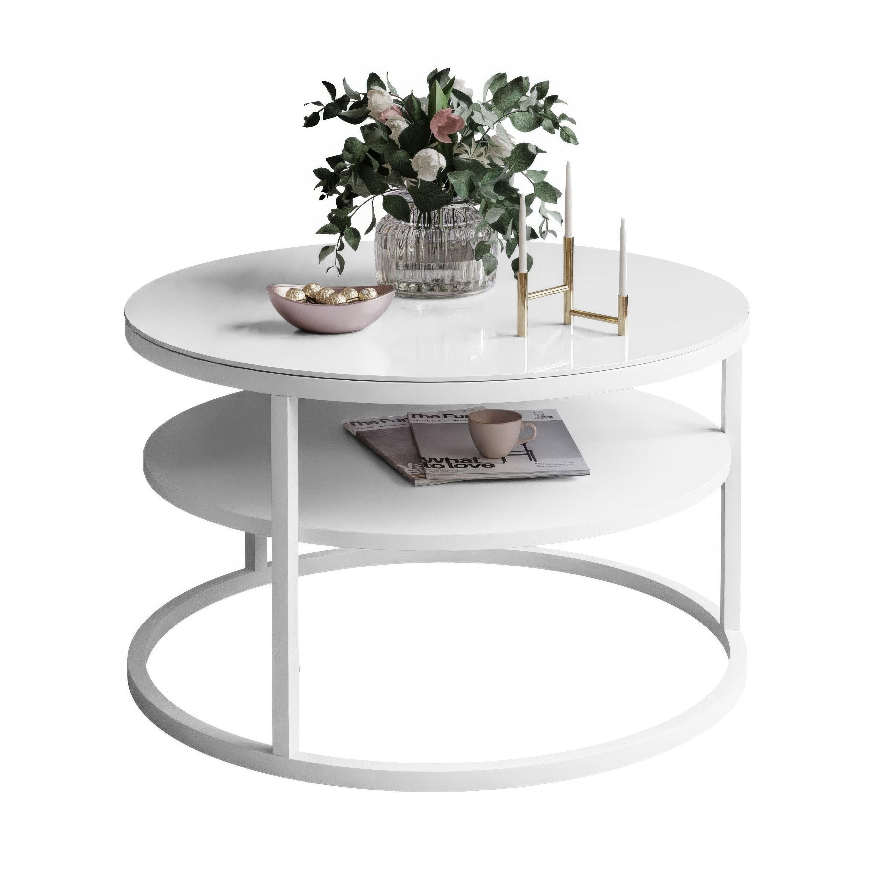Lookway Couchtisch CIRI GLASS 60 mit weißem Gestell und Ablage (1 Tische), Durchmesser: ⌀ 60 cm, Höhe: 41 cm