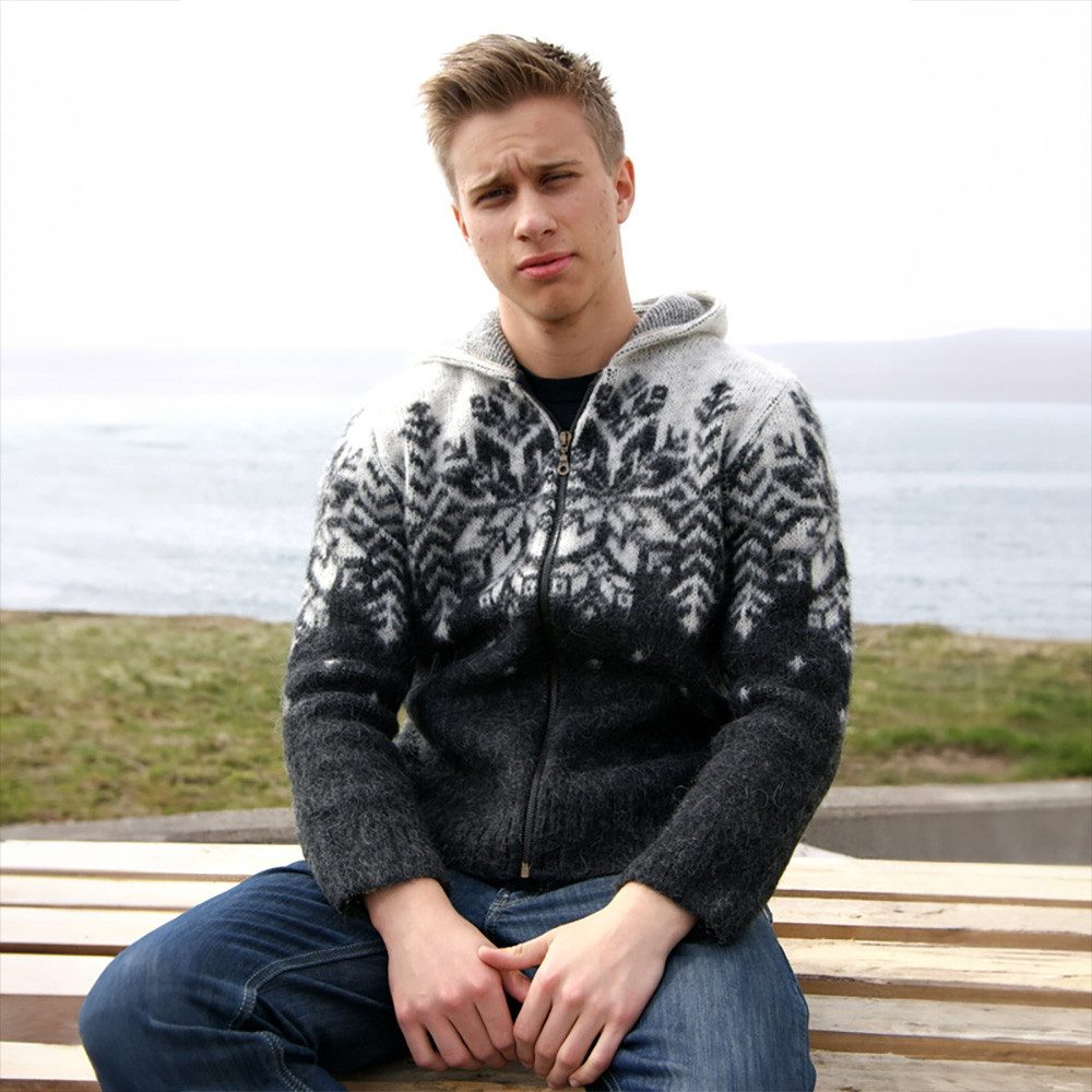 KIDKA Kapuzenstrickjacke Isländische Strickjacke für Damen / Herren - Farbe Schwarz-Kombi - aus rauer isländischer Wolle