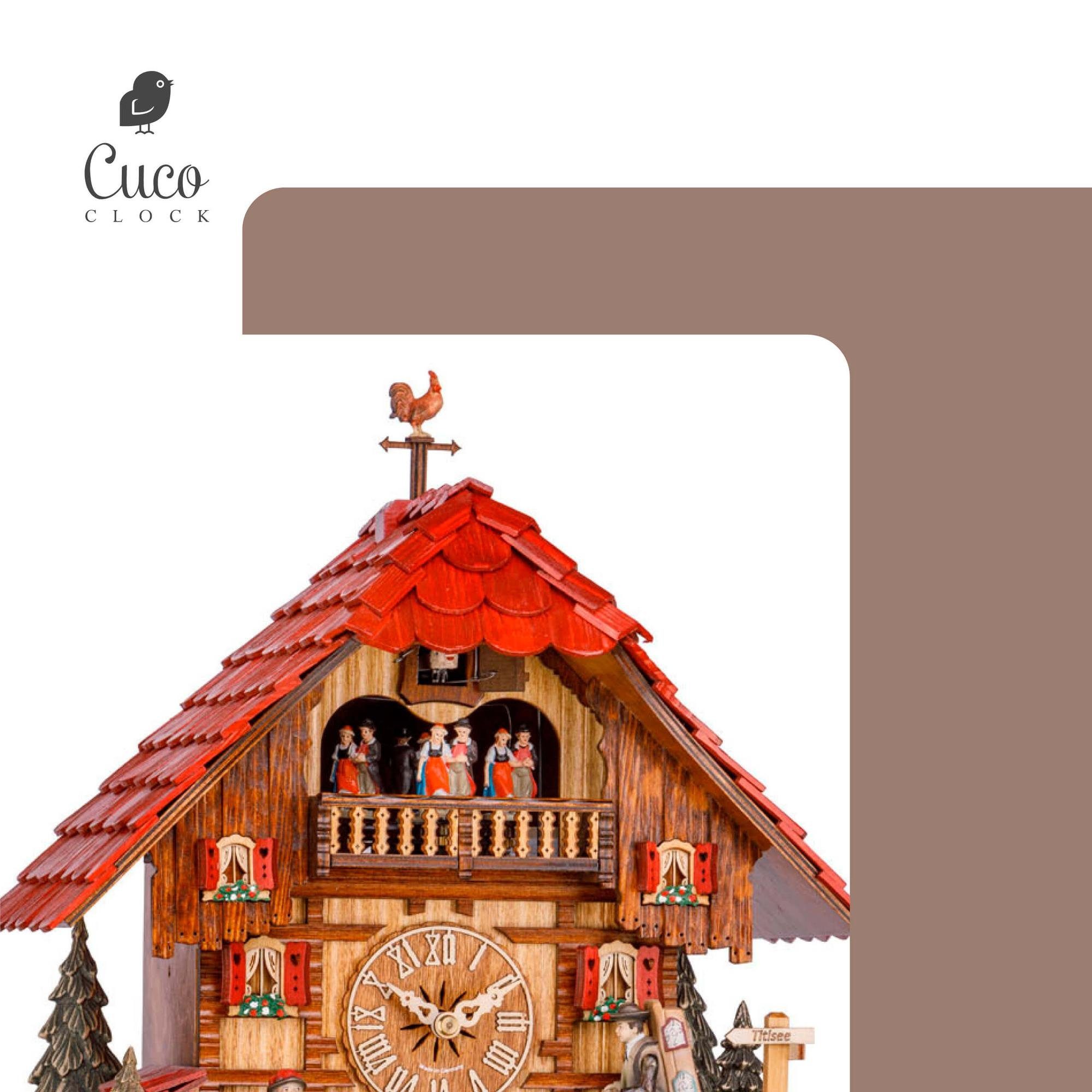 8 Cuco (20 Tage Werk, Nachtabschaltung) automatische Holz Kuckucksuhr Clock 34 x - aus Pendelwanduhr Wanduhr "Wanderlust" Schwarzwalduhr 42cm, x
