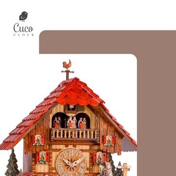 Cuco Clock Pendelwanduhr Kuckucksuhr Schwarzwalduhr "Wanderlust" Wanduhr aus Holz (20 x 34 x 42cm, 8 - Tage Werk, automatische Nachtabschaltung)