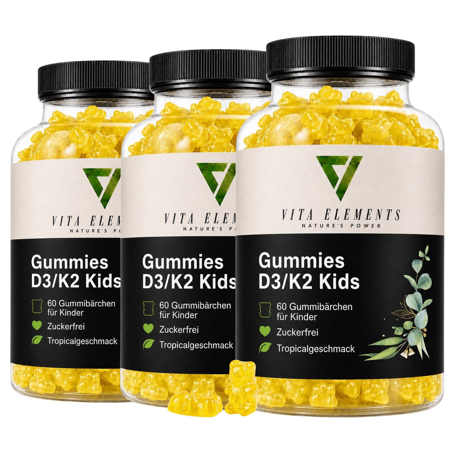 Vita Elements Gummies D3/K2 Kids - 15µg Vitamin D3 & 12µg K2, 180 Gummibärchen, 3 er Spar-Set à 60 St., Mit Tropicalgeschmack, Hochdosiert, Laborgeprüft in Deutschland