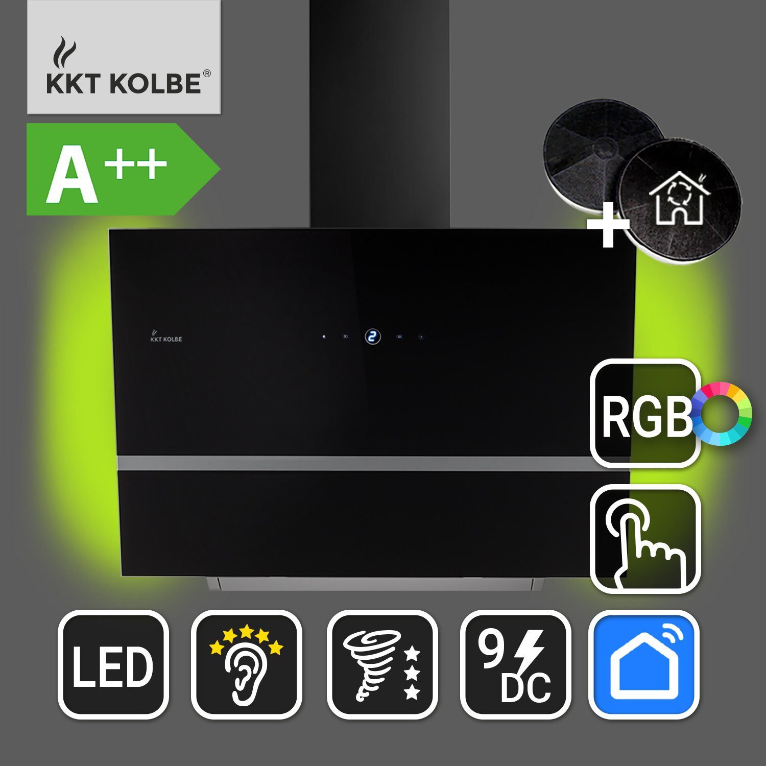 Dunstabzugshaube KKT / Leise Glas KOLBE Smarte / WiFi-App 60cm RGBW Kopffreihaube Ambientebeleuchtung, EASY609SHCM Edelstahl Wandhaube / / 60cm /
