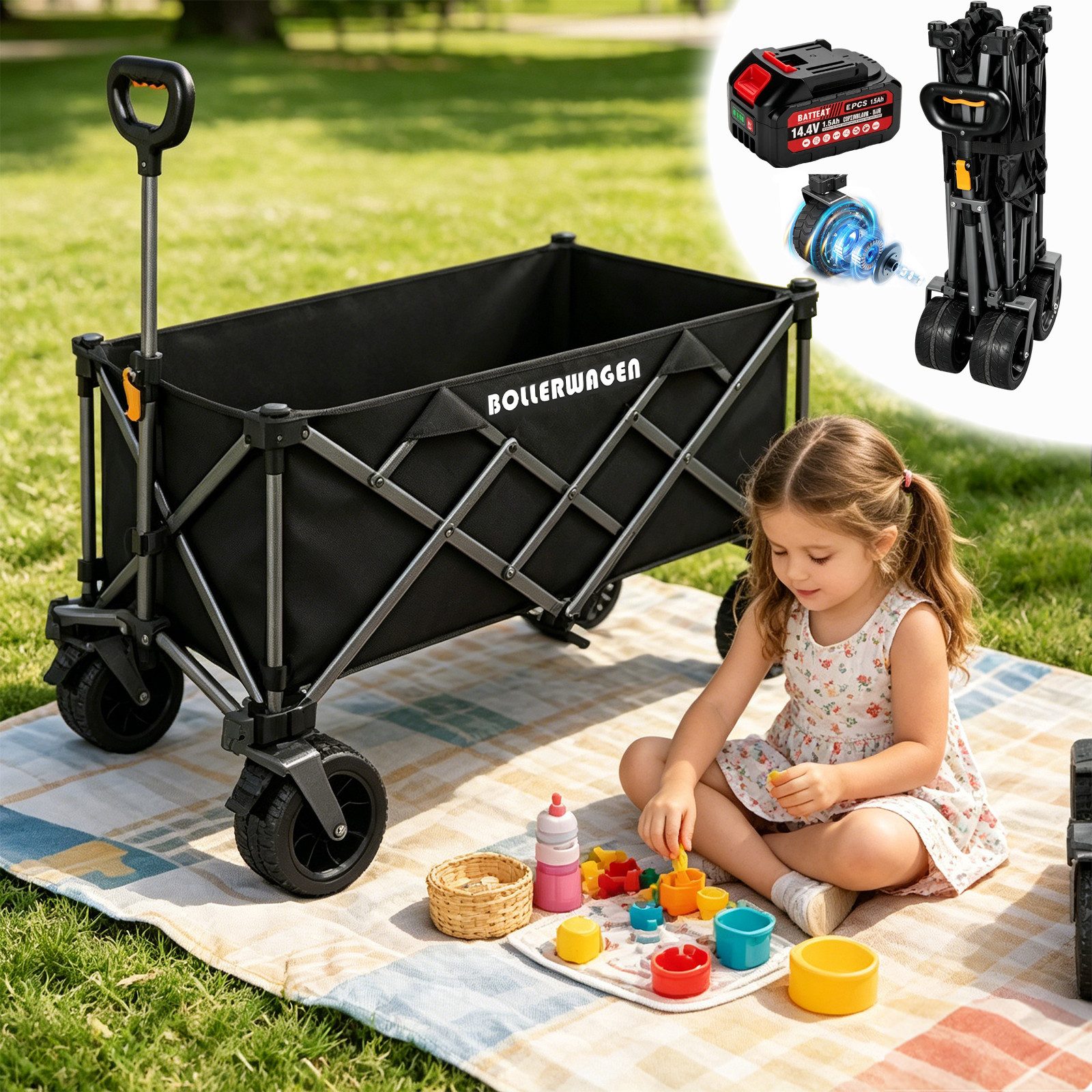 XERSEK Bollerwagen Elektro Bollerwagen Akku 3 Gäng 280L Campingwagen Elektrisch Handwagen (Transportwagen, 50W-Bürstenlos Motor, Kompatibel mit Makita Akkus), Elektrisch & Manuell 2in1 Klappbollerwagen für Camping Strand Einkauf