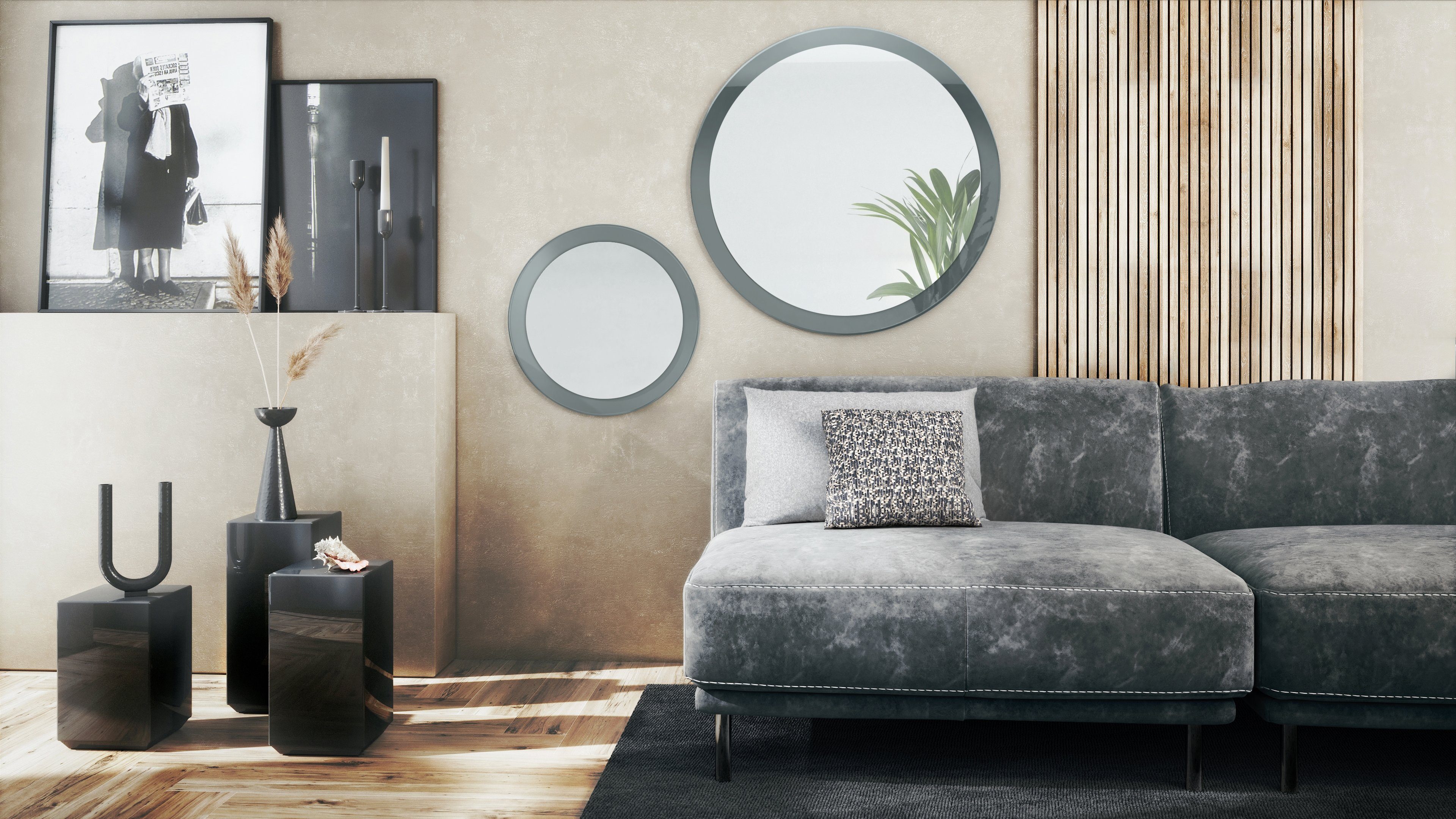 und für Spiegel, Vladon Durchmesser) (2 in dekorative 80 cm Flur Globe mit und (50 Wohnzimmer Grau Wandspiegel runde Hochglanz MDF-Rahmen),