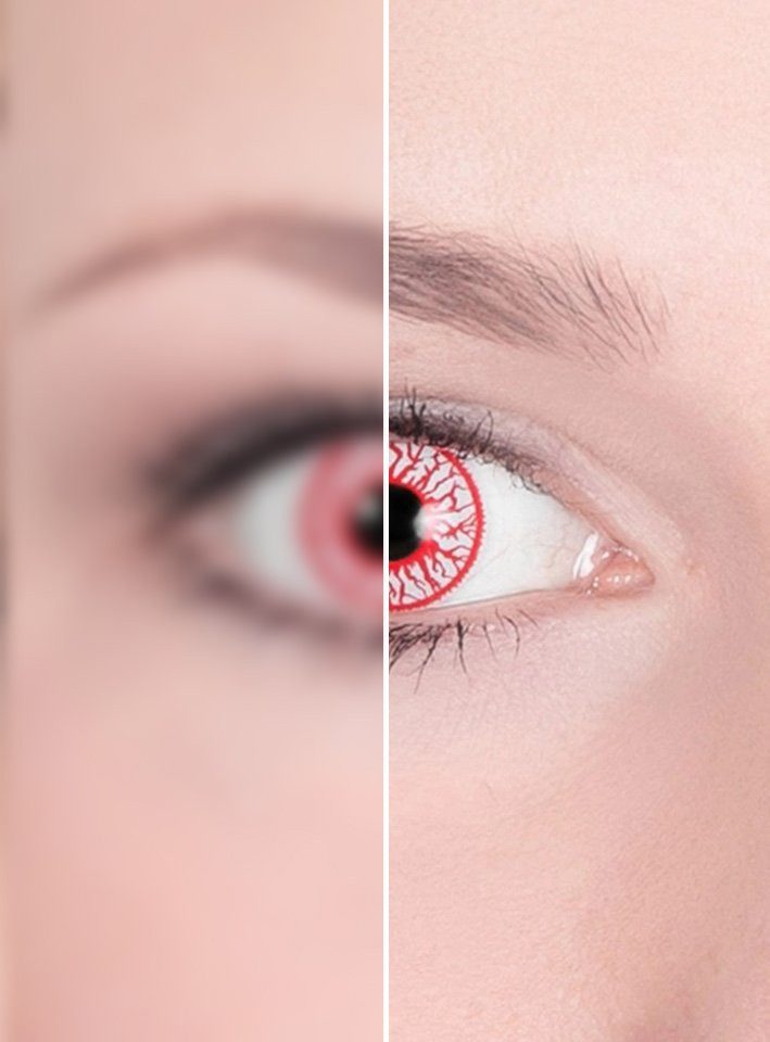 Metamorph Motivlinsen Bloodshot mit Dioptrie, Eine weiße Kontaktlinse mit roten Adern mit Stärke