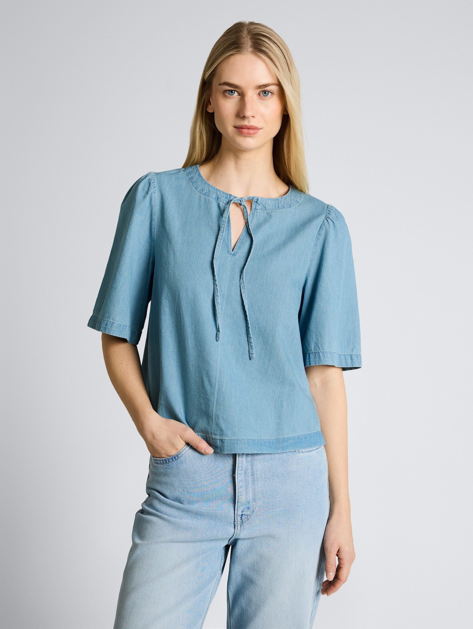 TOM TAILOR Denim Kurzarmbluse Blusen & Shirts Jeansbluse mit Schleifen-Detail