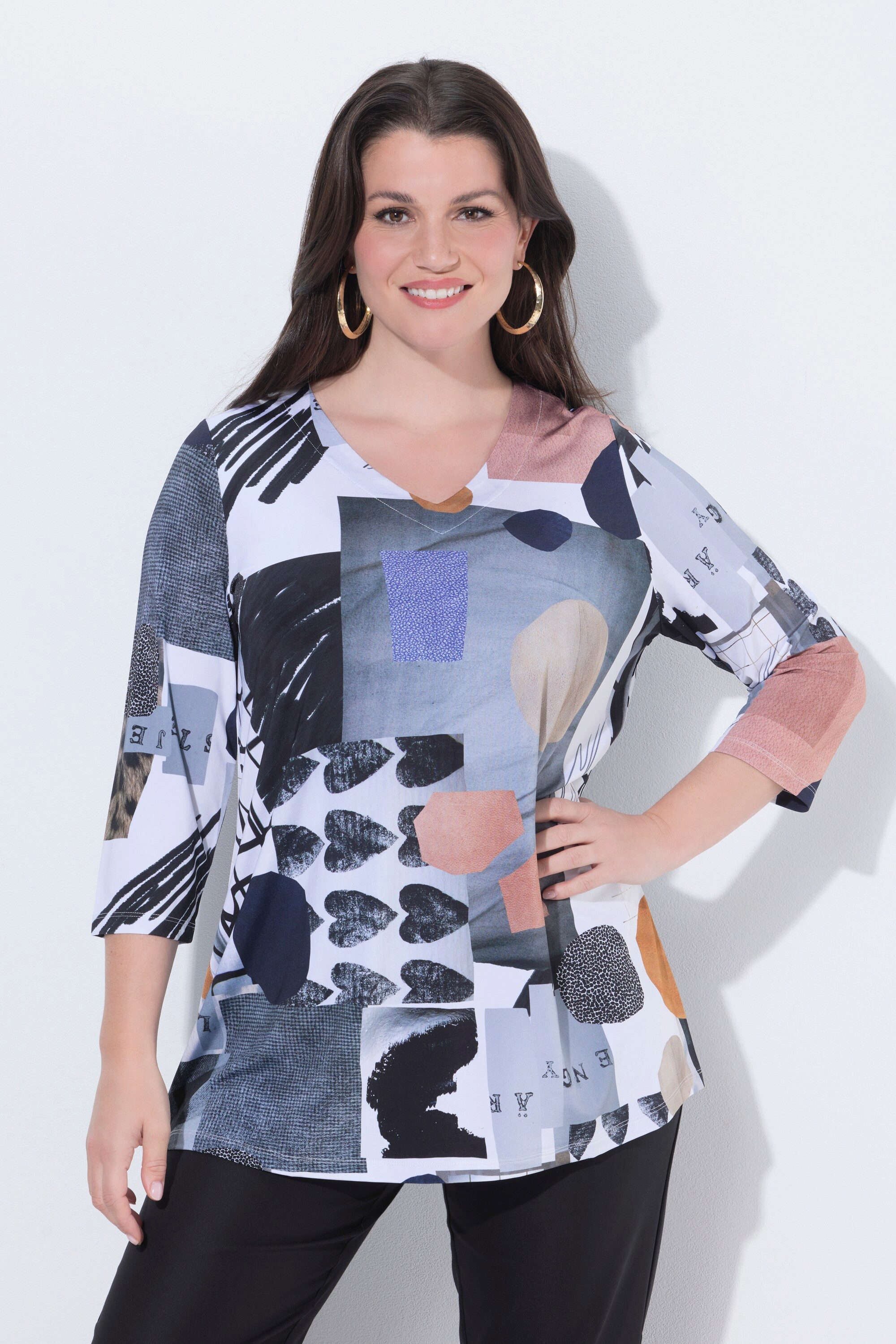 Ulla Popken T-Shirt Slinky-Shirt Herzen A-Linie V-Ausschnitt 3/4-Arm