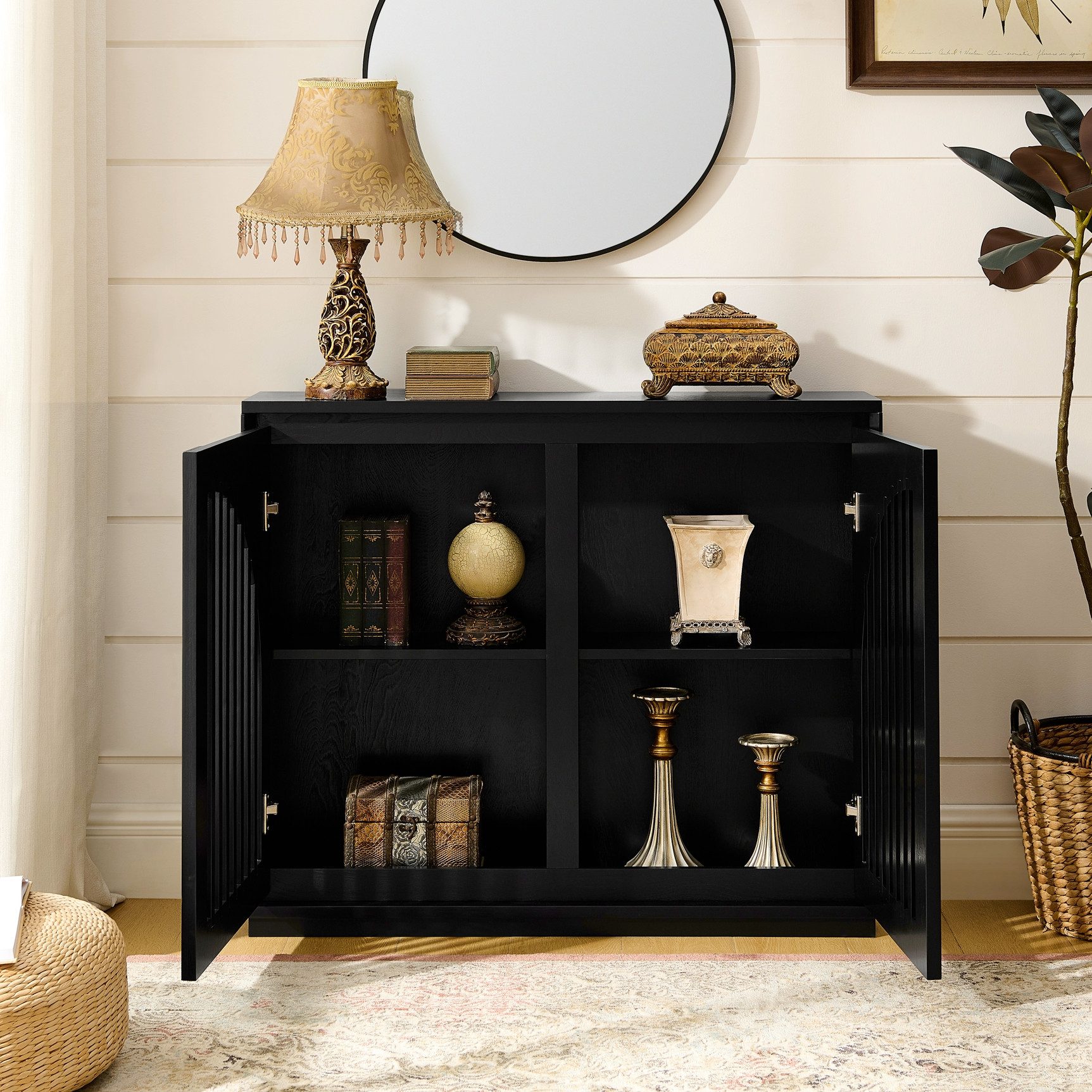 Celya Sideboard Buffetschrank mit geriffelten Fronten und Stauraum (Schmaler Beistellschrank für Wohnzimmer, Flur, Diele, Küche)