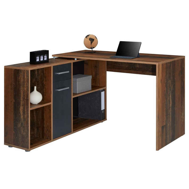 CARO-Möbel Eckschreibtisch »DIEGO«, Eckschreibtisch mit Regal Büro Arbeits Winkelschreibtisch Old Style/Beton dunkel